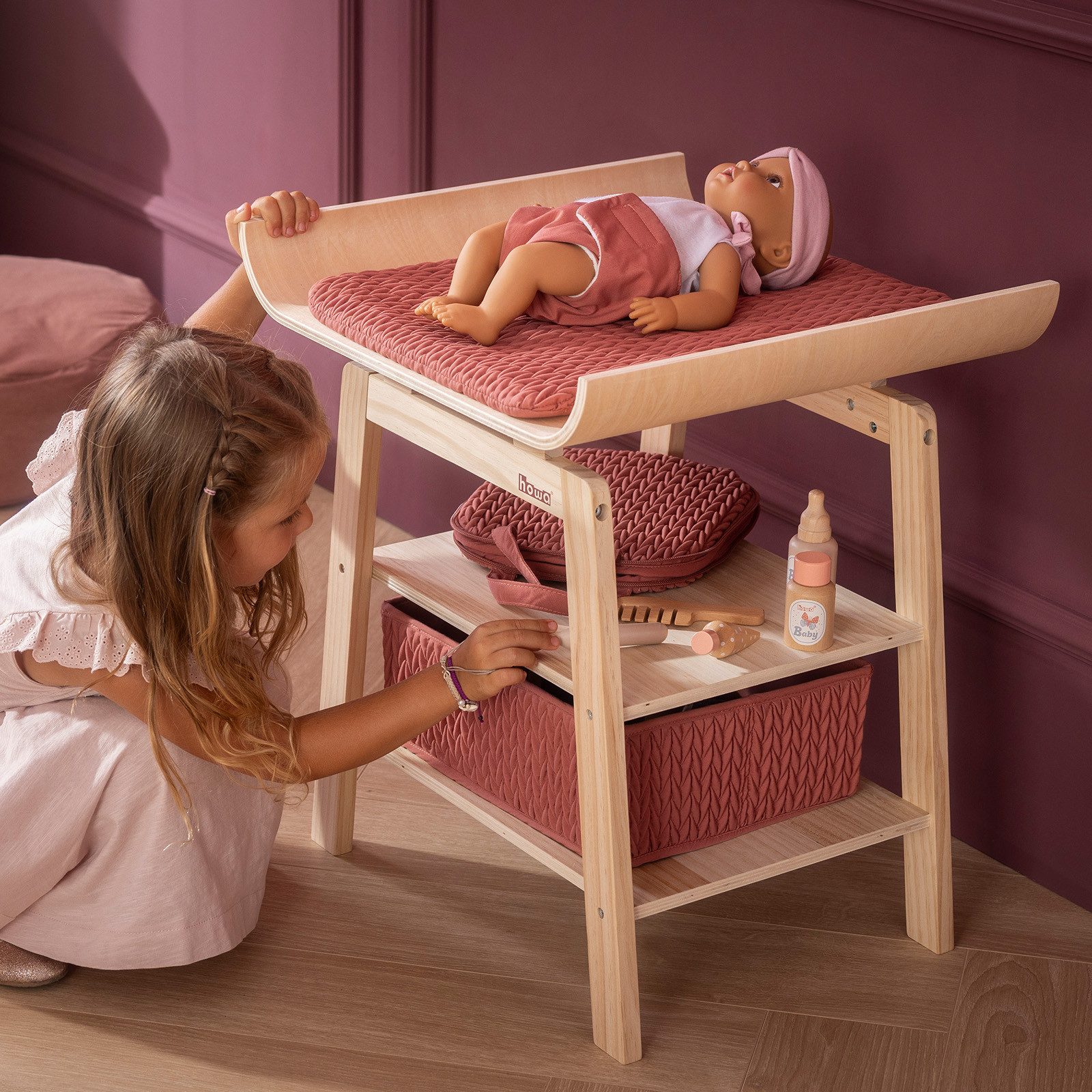 howa Puppenwickeltisch grace, aus Holz, Wickeltisch für Puppen mit Aufbewahrungskorb & Wickelauflage