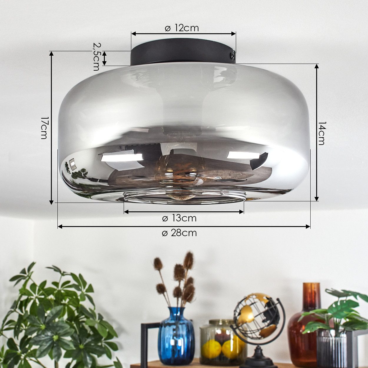 hofstein Deckenleuchte runde Deckenlampe aus Metall/Glas in Schwarz/Rauchfarben, ohne Leuchtmittel, im Vintage-Design mit Glasschirm (28 cm), 1 x E27, ohne Leuc – Bild 4 von 5