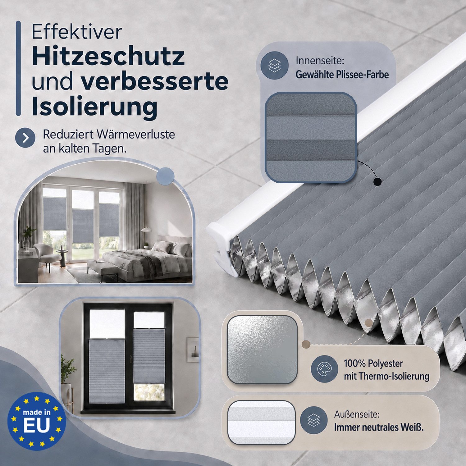 Rikmani Plissee Thermo Fensterplissee ohne Bohren, Dunkelgrau, 40x120, verdunkelnd, Klemmfix, Langlebige Premium-Qualität, Thermo Plissee