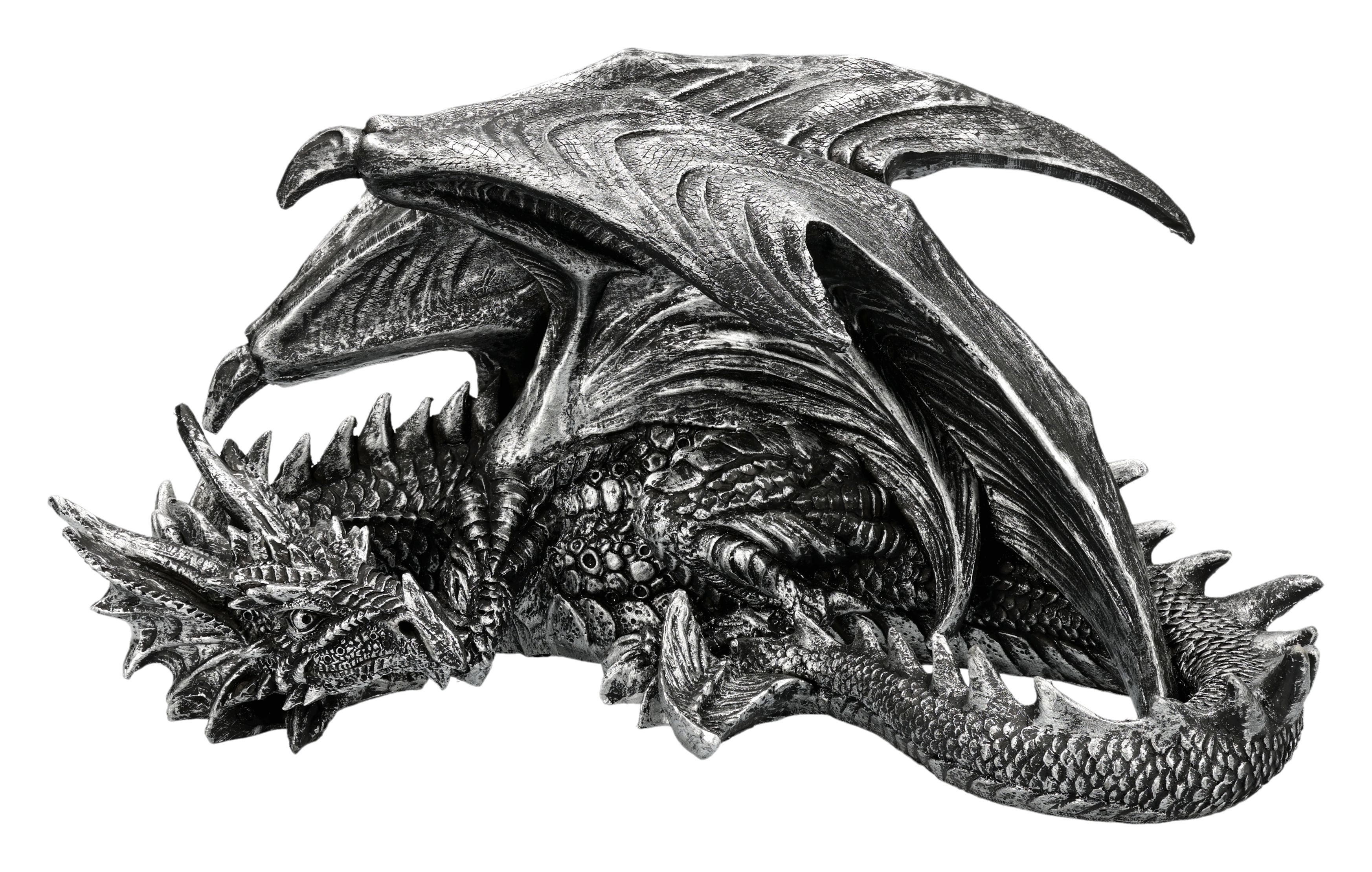Figuren Shop GmbH Dekofigur Drachen Figur – Schwarz Silber Statue Fantasy Deko Sammlerfigur 17 cm