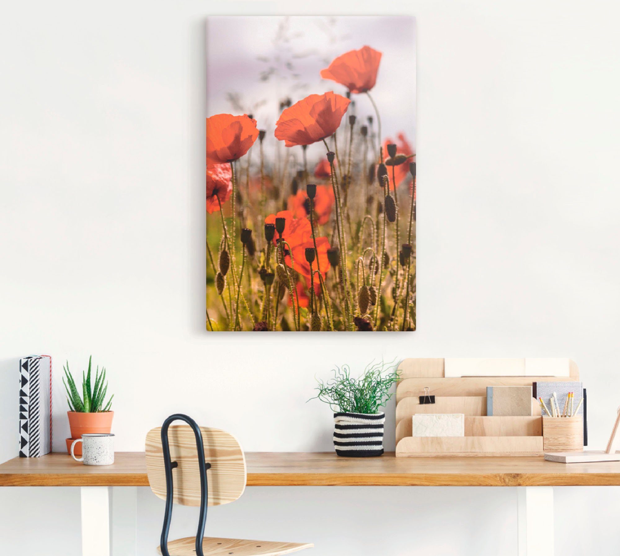 Artland Leinwandbild Mohnblumen im Morgenlicht, Blumenwiese (1 St), auf Holzrahmen gespannt