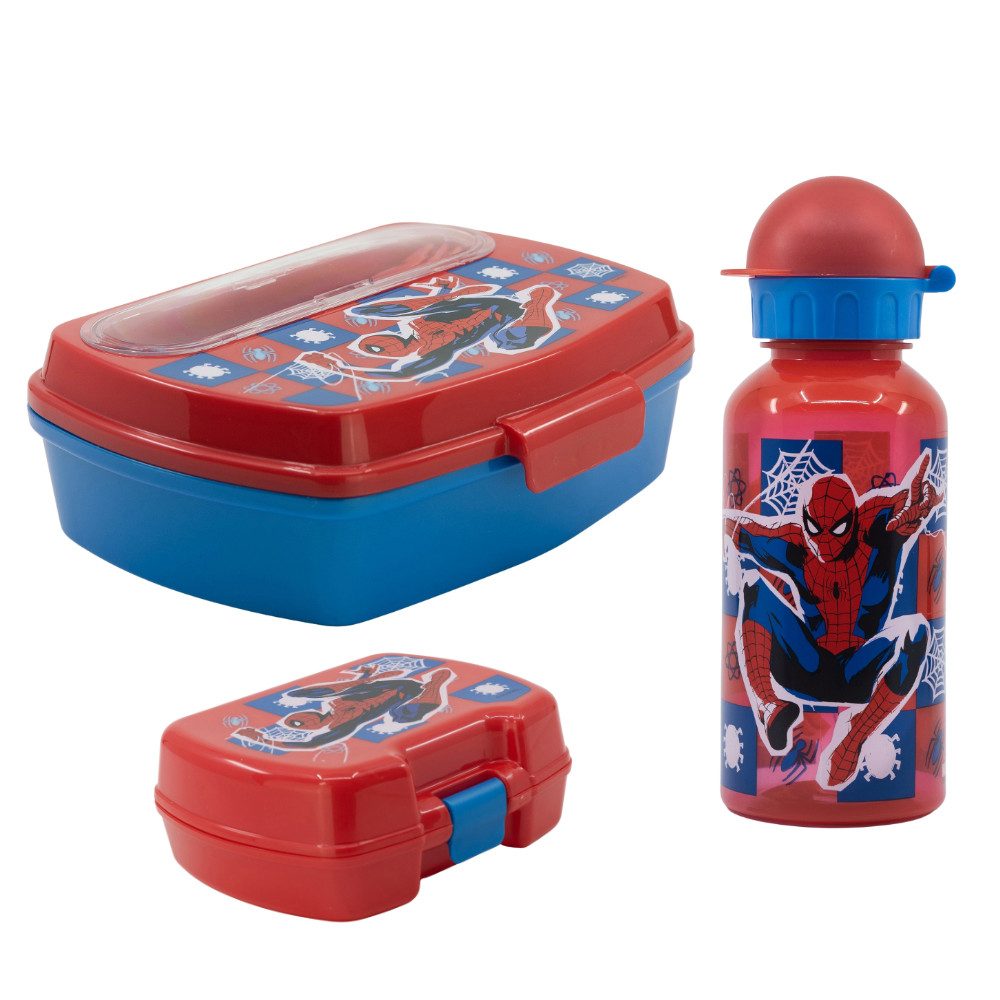 Stor Lunchbox Marvel Spiderman 5 tlg Kinder Set 3 Kammern Brotdose Flasche mini Dose, Kunststoff, (5-tlg)