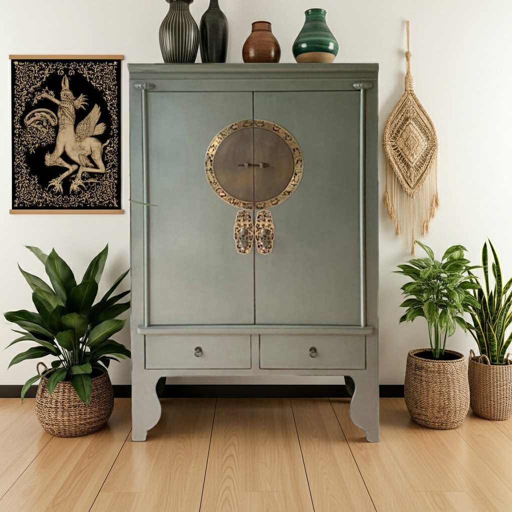 OPIUM OUTLET Kleiderschrank Asia Hochzeitsschrank Schrank Kommode Hochkommode (oliv-grün, Möbel komplett montiert, Breite x Höhe x Tiefe: 105 x 55 x 175 cm) chinesisch asiatisch orientalisch Vintage-Stil