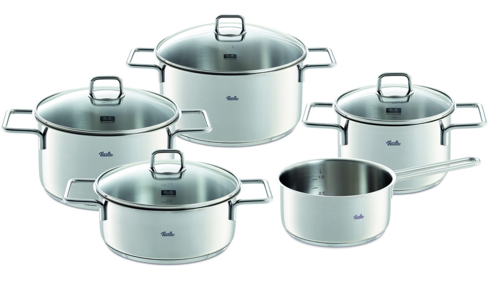 Fissler Topf-Set LumiTherm, Edelstahl 18/10 (Set, 9-tlg., 3 Kochtöpfe, 1 Bratentopf, 1 Stielkasserolle), 9-teiliges Edelstahl-Topfset mit Superthermic Boden