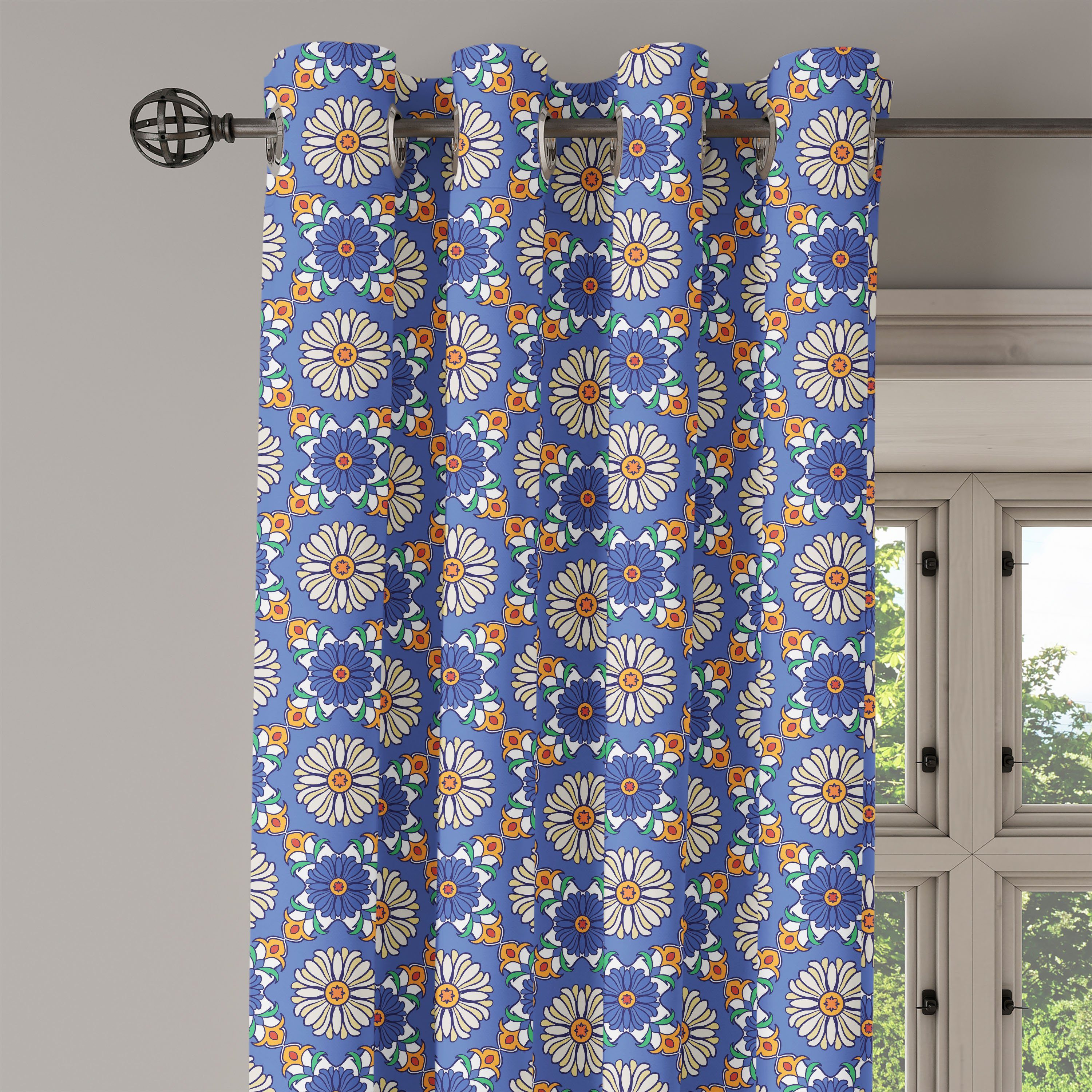 Blumen-Muster-Orient für Geometrisch Abakuhaus, Schlafzimmer 2-Panel-Fenstervorhänge Dekorative Gardine Wohnzimmer,