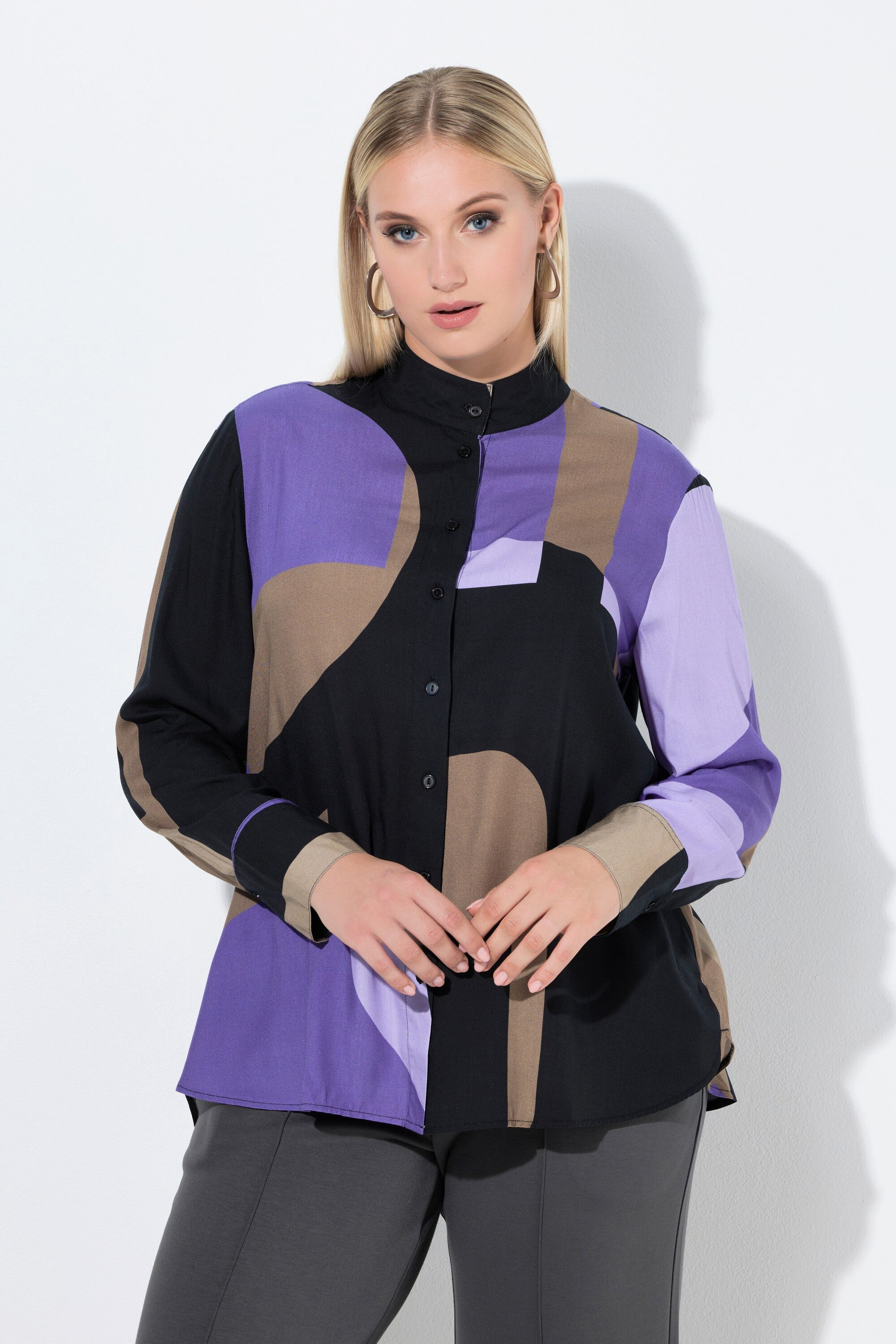 Ulla Popken Longbluse Longbluse Buchstaben A-Linie Stehkragen Langarm