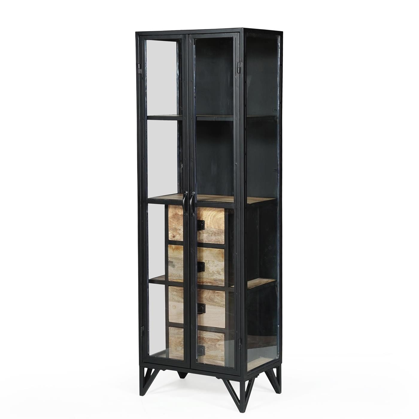 baario Vitrine Vitrine BARBAR schmal schwarz Glasvitrine Eisen & Mangoholz Industrial