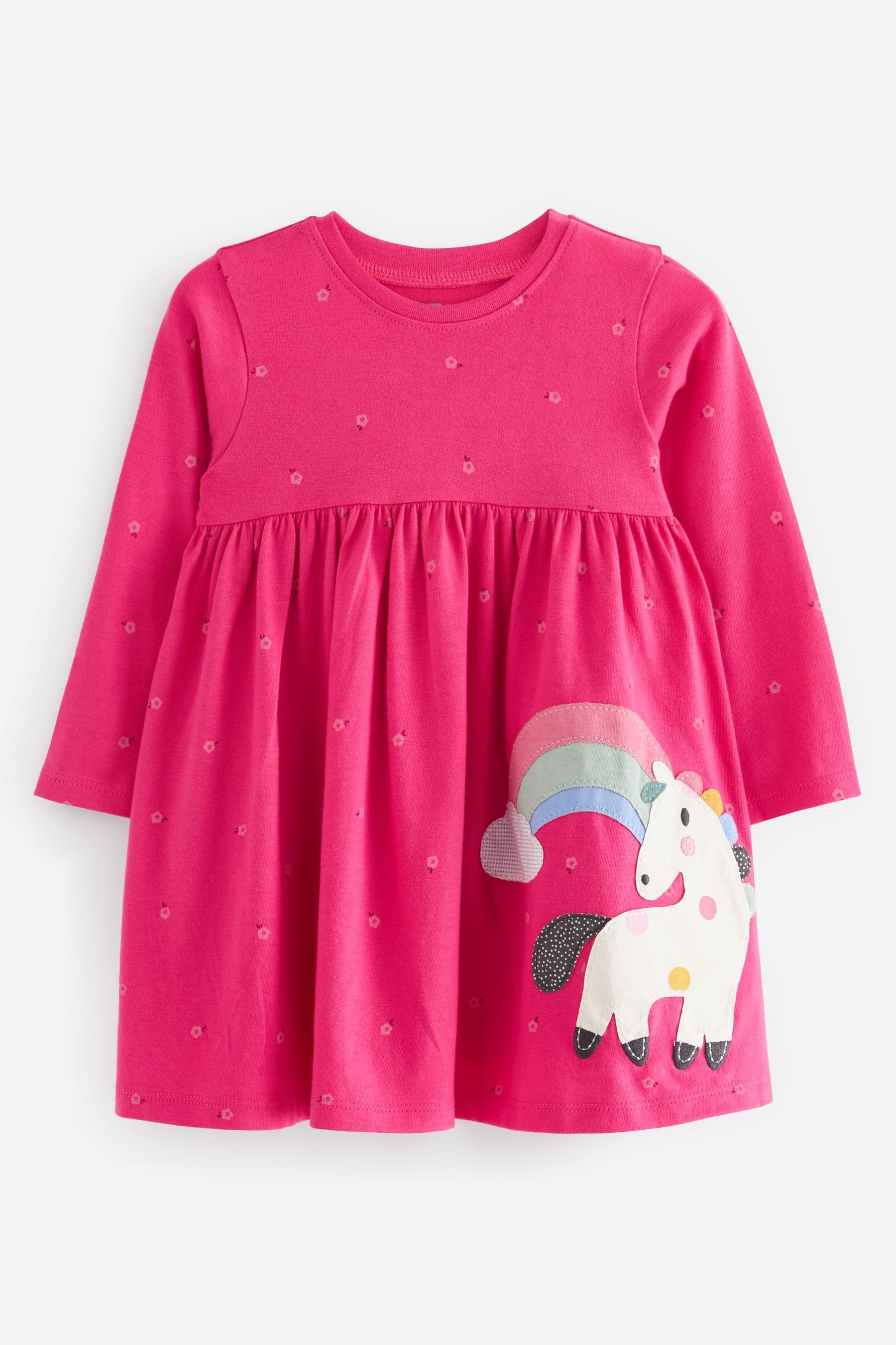 Next Jerseykleid Langärmeliges Jerseykleid mit Applikation (1-tlg) Pink Unicorn | Jerseykleider