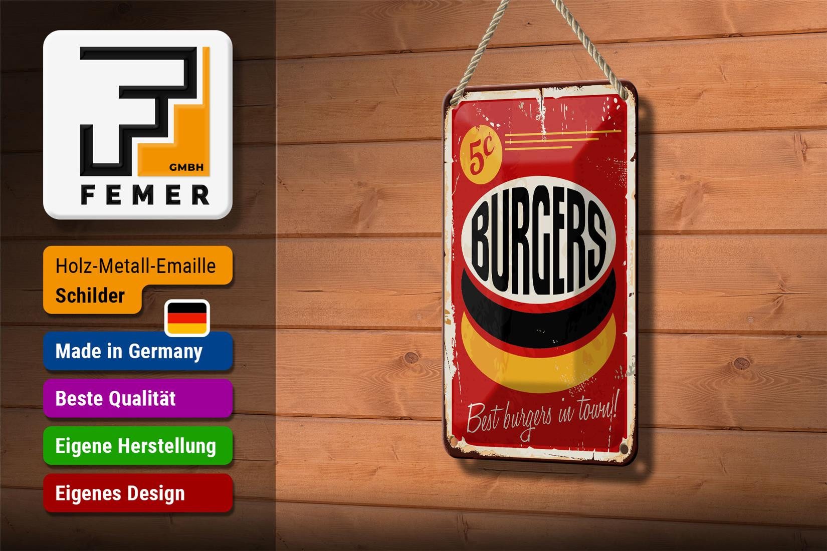 Femer GmbH Metallschild Retro 12x18cm burgers best in town Fast food, (1 St), gewölbte Oberfläche, abgerundete Ecken, umgeschlagene Kanten