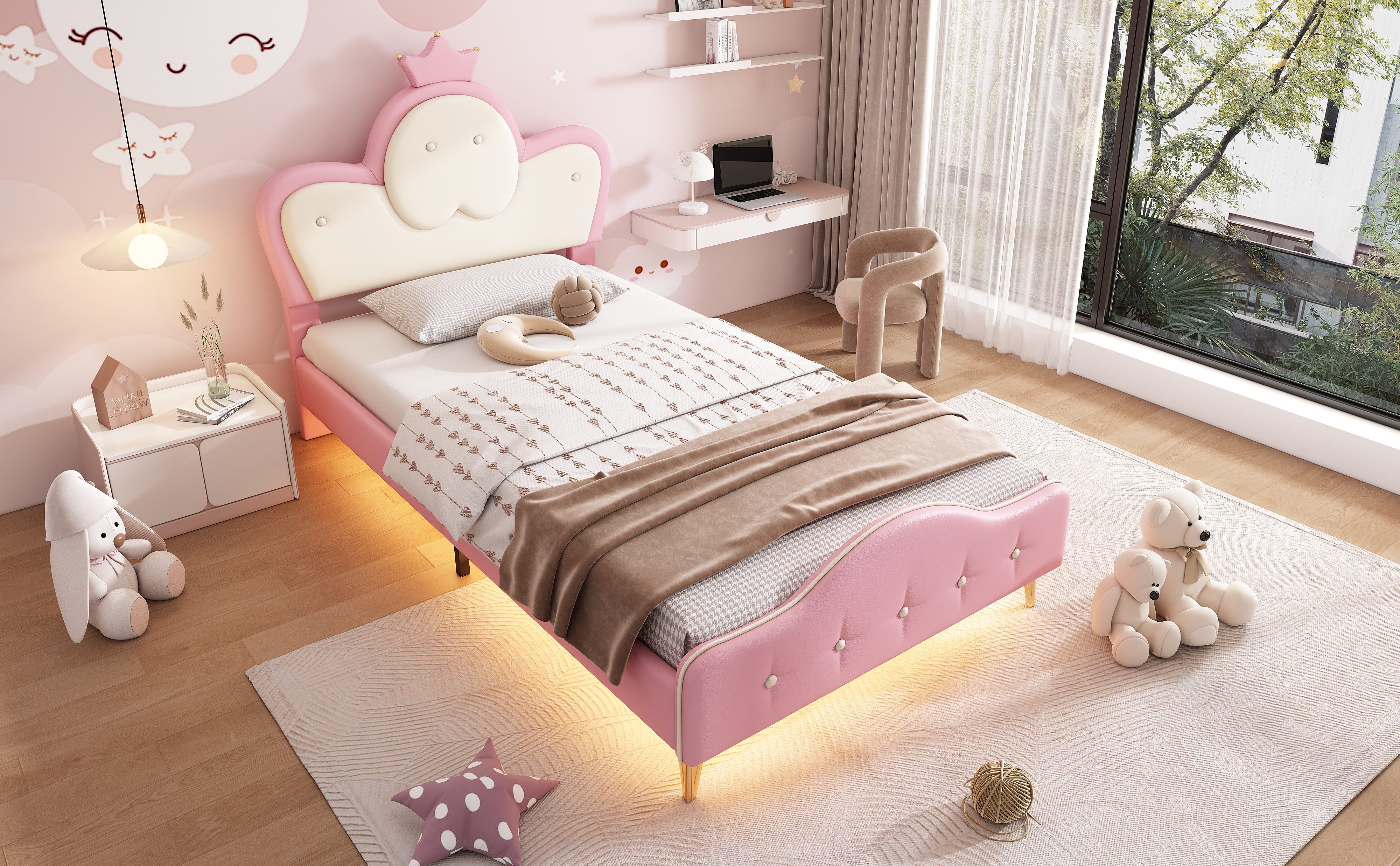 OKWISH Prinzessinbett Polsterbett,mit weichen Schutzkanten (Polsterbett,  für Kinder, Einzelbett mit weichem LED-Streifen, 90x200cm), ohne Matratze
