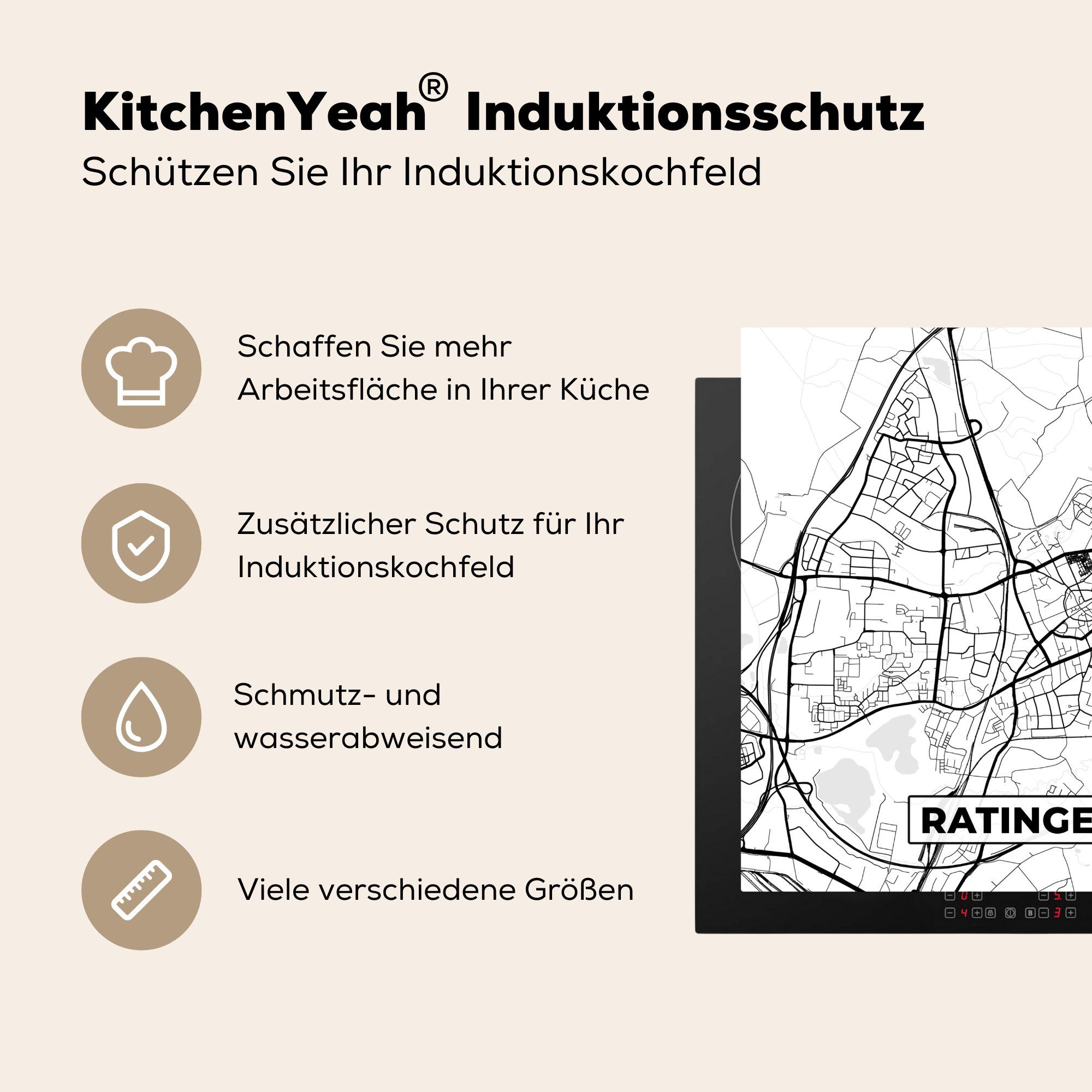 (1 cm, Ceranfeldabdeckung, - küche für 78x78 MuchoWow - tlg), Arbeitsplatte Herdblende-/Abdeckplatte Karte Vinyl, - Karte Stadtplan, Ratingen
