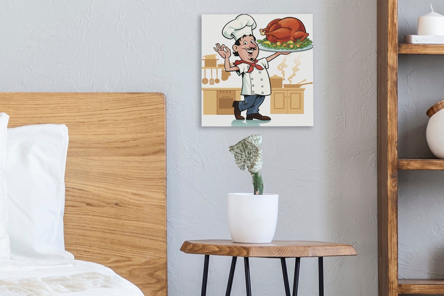 OneMillionCanvasses® Leinwandbild Eine einem mit Leinwand St), Illustration Stück Kochs (1 Wohnzimmer für Bilder eines Fleisch, Schlafzimmer