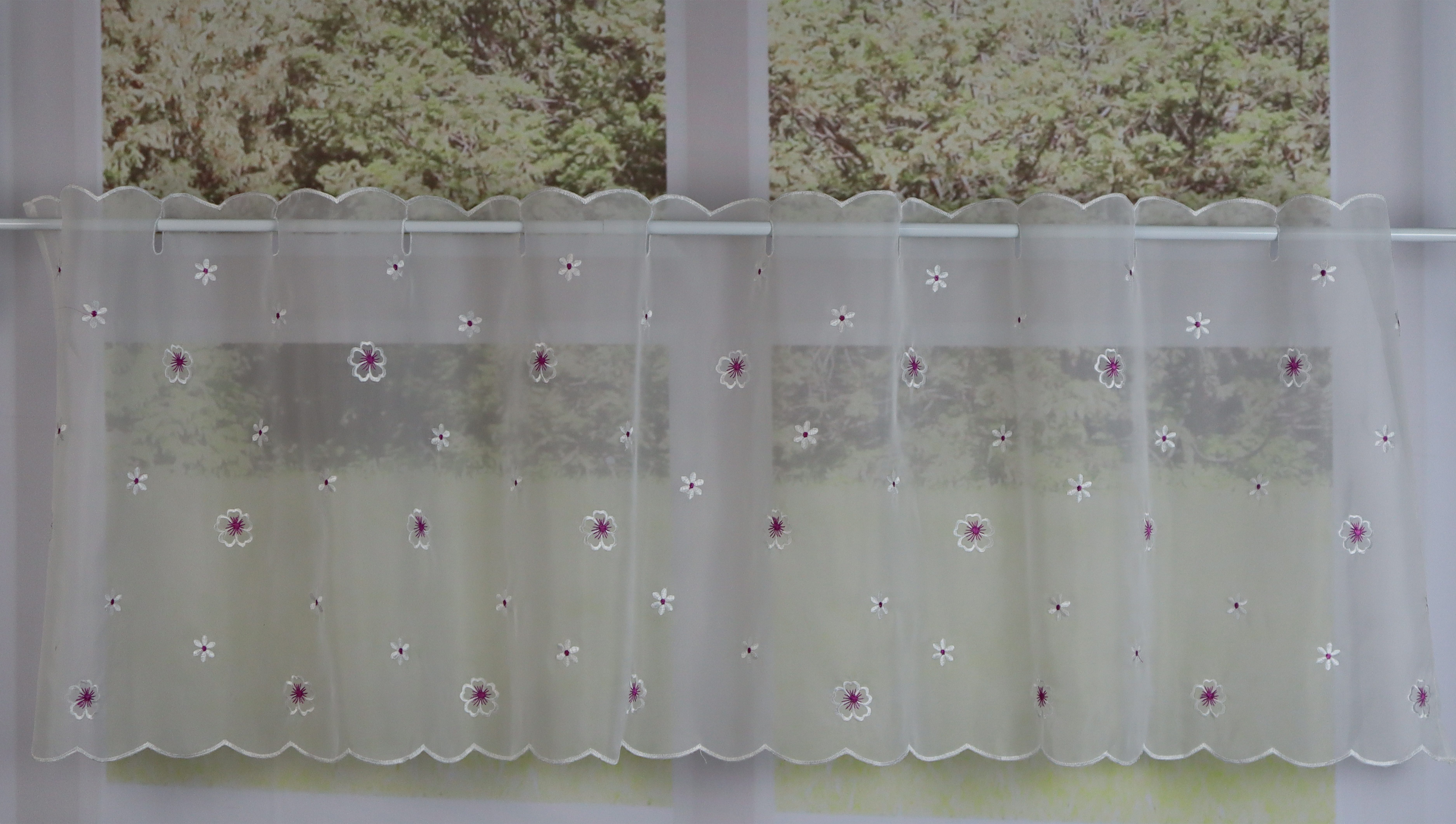 EXPERIENCE Scheibengardine Bistrogardine transparent mit rosa-weißer Blütenstickerei, Stangendurchzug, halbtransparent