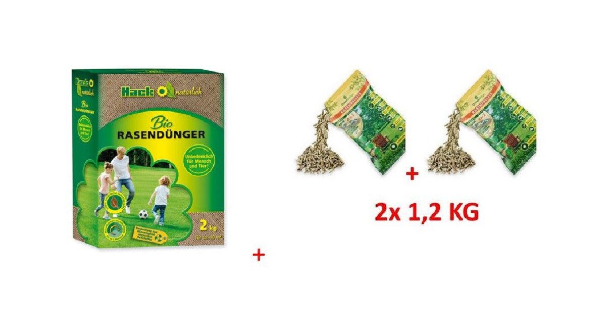 Hack Rasendünger HACK Bio 2 kg + GreenEdge Rasenpellets (dürreresistent) 2,4 KG, 28,5-qm, schnellkeimend, 100% natürlich, mit Mikro- und Makronährstoffen
