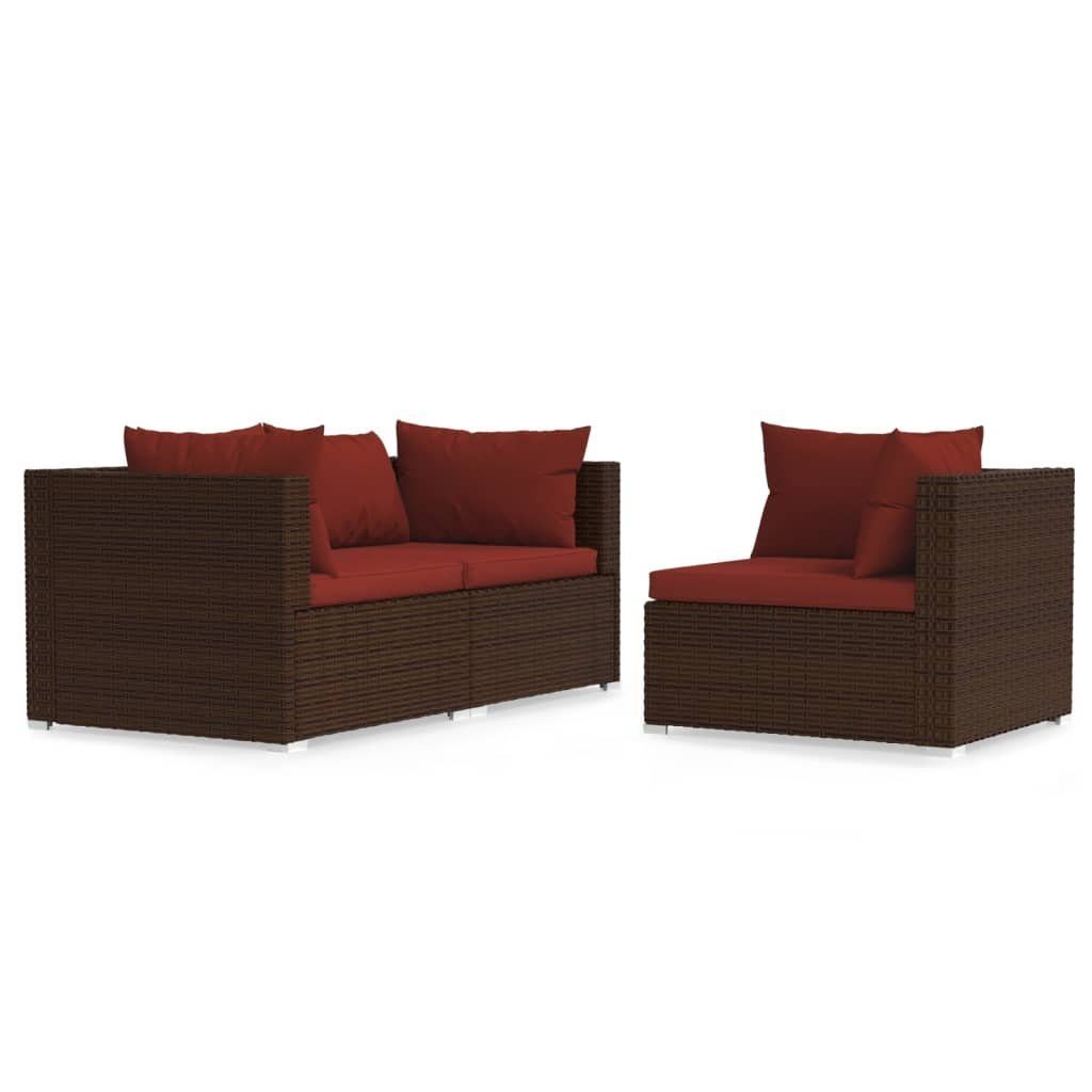 Braun Braun Kissen Teile 3-tlg. mit Zimtrot Poly und Garten-Lounge-Set vidaXL 1 Loungesofa Rattan,