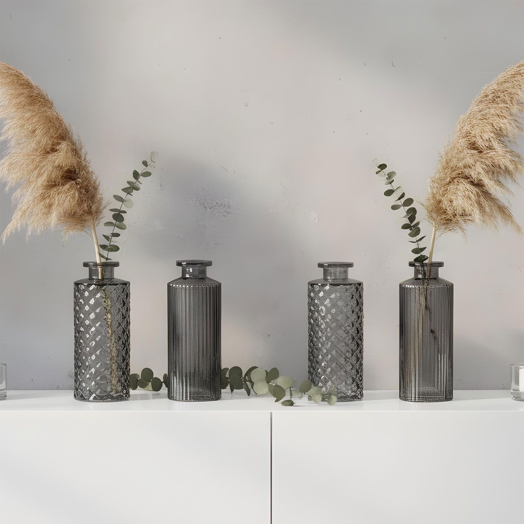 Levandeo® Dekovase, 4er Set Vase Schwarz Grau H14cm Glas Tischdeko Blumendeko Glasvase