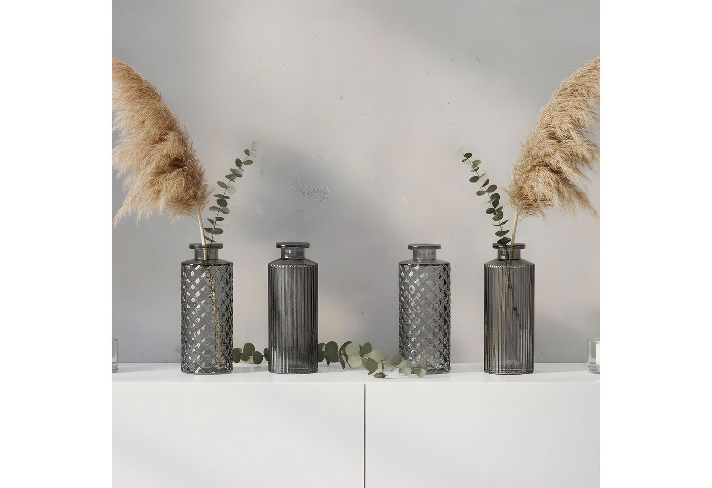 Levandeo® Dekovase, 4er Set Vase Schwarz Grau H14cm Glas Tischdeko Blumendeko Glasvase