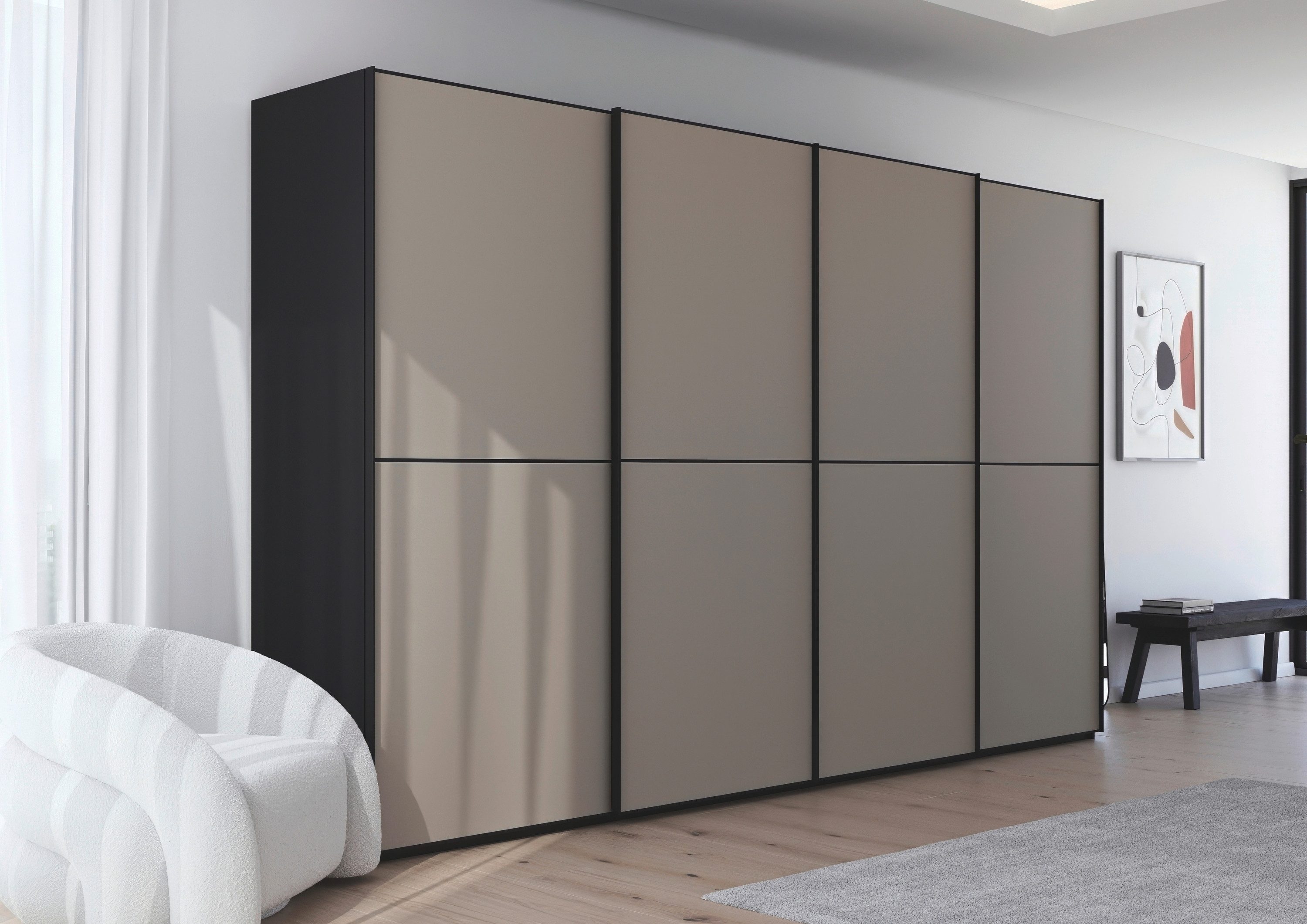 rauch Schwebetürenschrank Kleiderschrank Schrank Garderobe Schlafzimmerschrank SCALE-DUO edle zweigeteilte Türen Glas-Front mit 3 Zierleisten MADE IN GERMANY