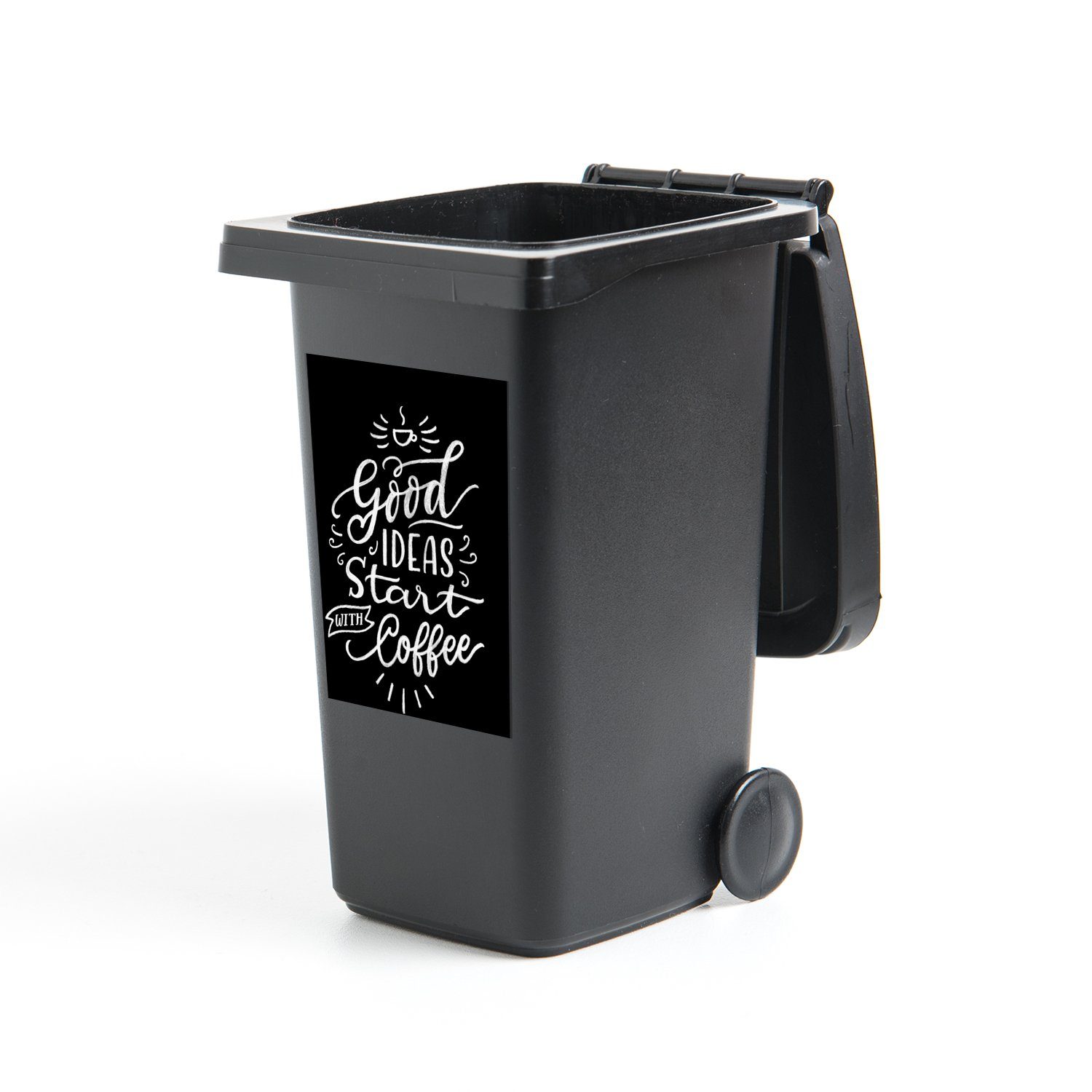 MuchoWow Wandsticker Zitate - Gute Ideen beginnen mit Kaffee - Kaffee - Inspiration - (1 St), Mülleimer-aufkleber, Mülltonne, Sticker, Container, Abfalbehälter