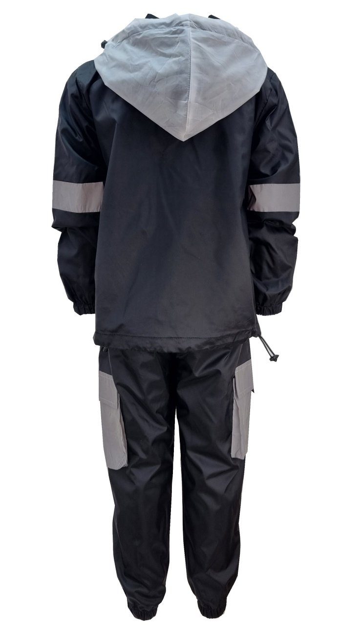 mit und Matschanzug Regen- Regenanzug Fashion Matschjacke JF677 Windjacke Kinder Regenkombination Boy Schwarz/Weiß Kapuze
