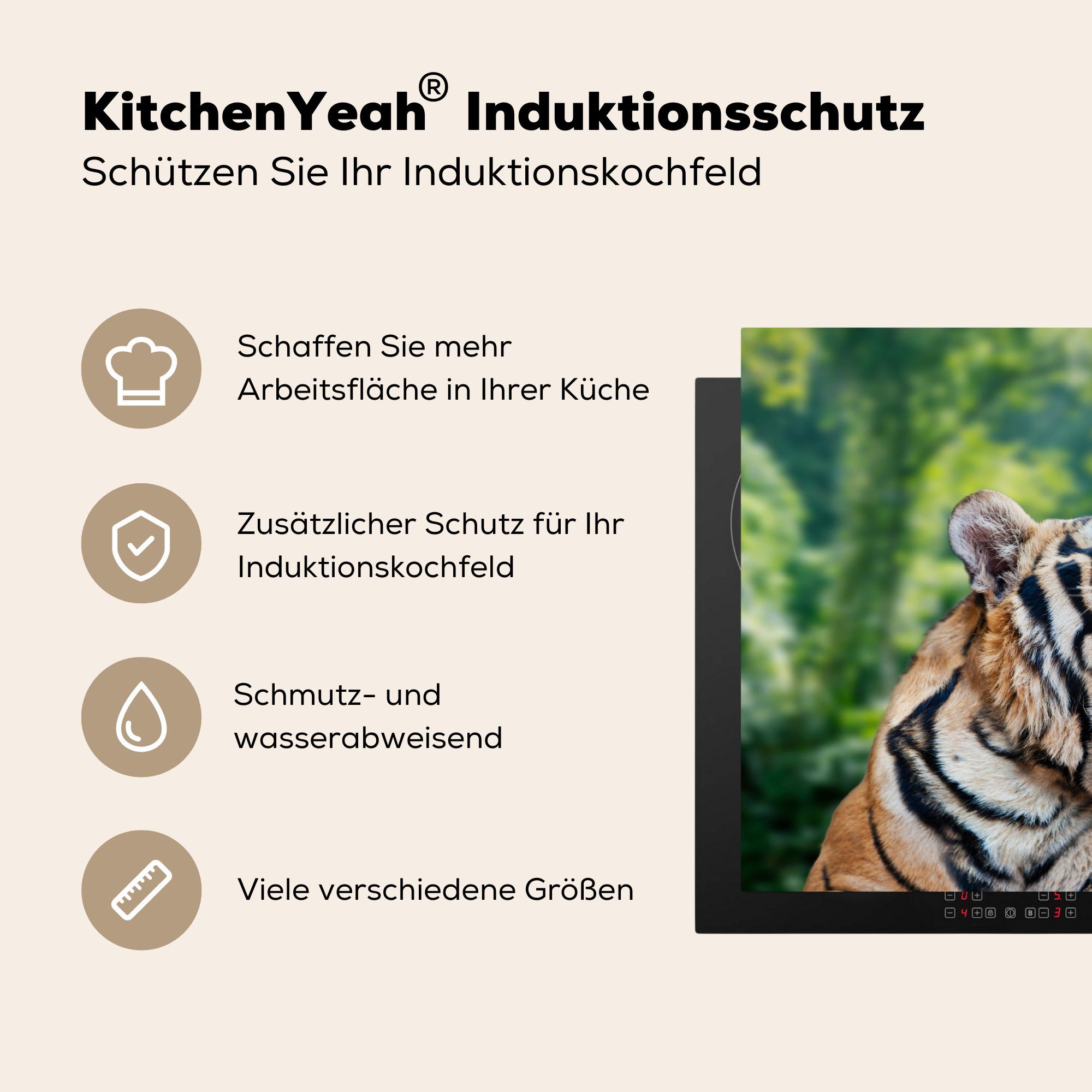 MuchoWow Herdblende-/Abdeckplatte Tiger - Kopf (1 Schutz küche, Induktionskochfeld Ceranfeldabdeckung für cm, Wald, die - 71x52 Vinyl, tlg)