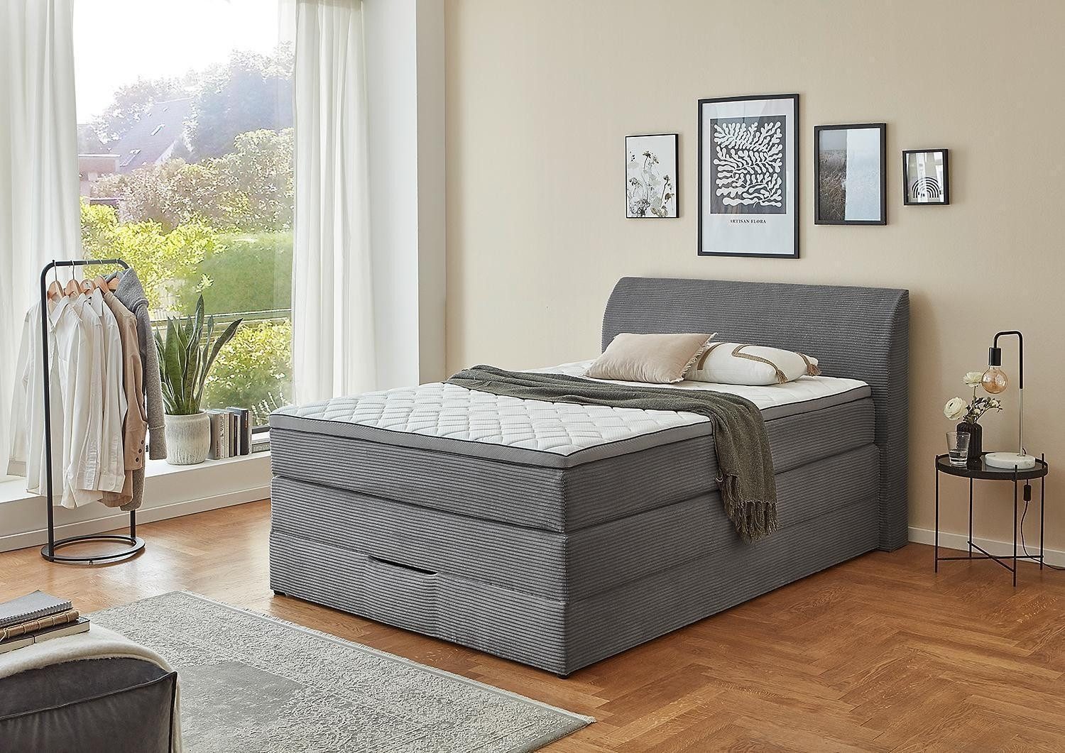 Sun Garden Boxspringbett KURT, 120 x 200 cm, Grau, Webstoff, mit Bettkasten, wendbare TFK-Matratze, Viscoschaumtopper