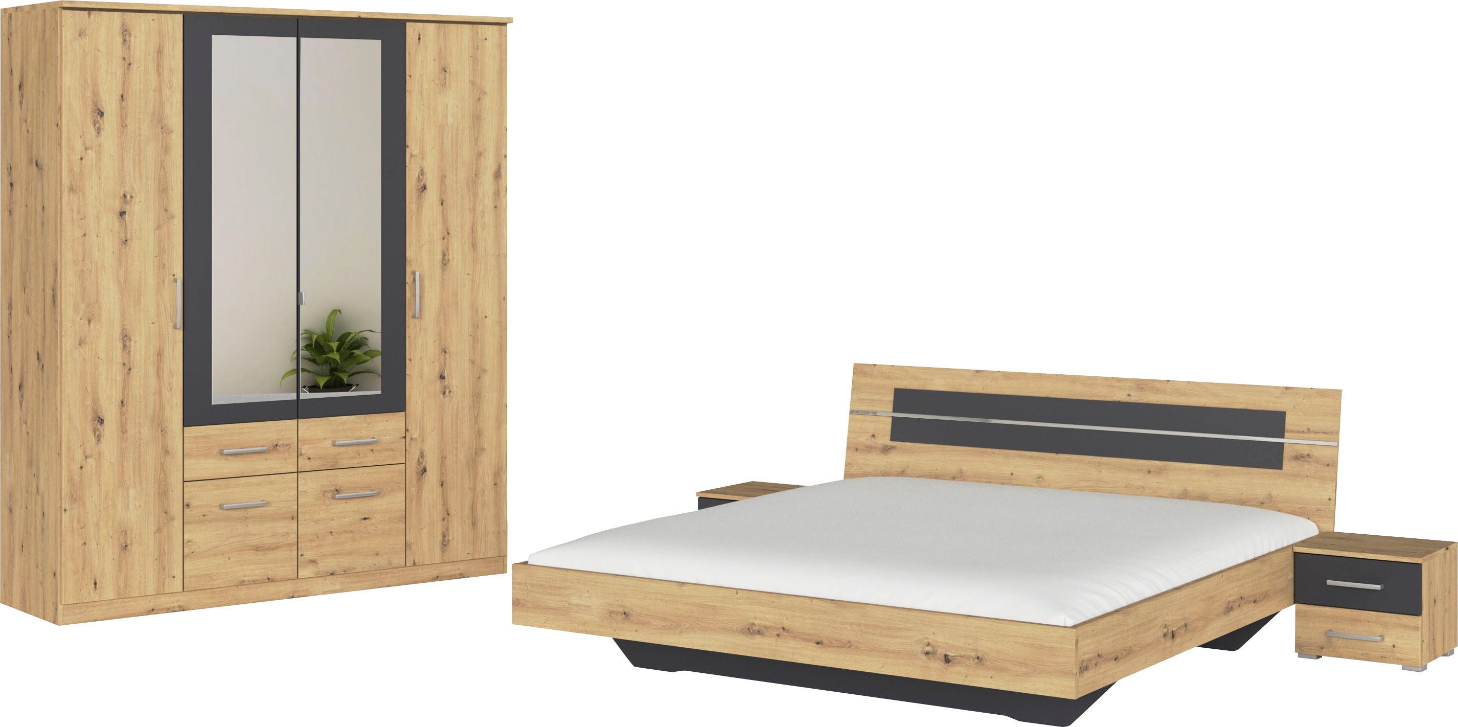 rauch Schlafzimmer-Set Komplettschlafzimmer Schlafzimmer BURANO mit Schrank in 3 Breiten, (Set, 4-tlg), Bett 180x200 cm und 2 Nachttischen MADE IN GERMANY