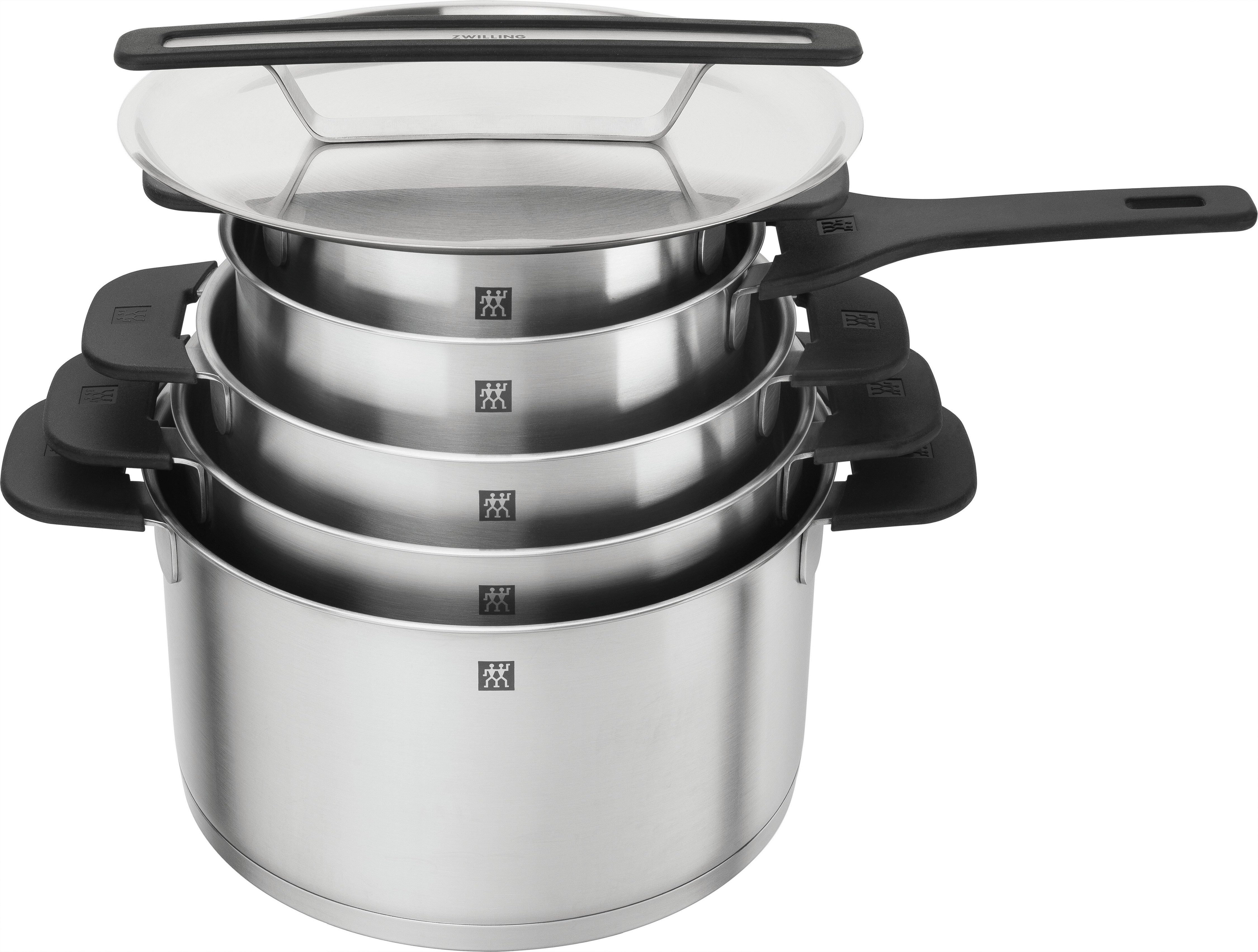 Zwilling Topf-Set More, Edelstahl 18/10 (Set, 5-tlg., 4 Kochtöpfe (16, 20, 22, 24 cm), 1 Stieltopf (18 cm), Stapelbar, innovativer Deckel, Kühlbleibende Griffe, Deckelhalterung