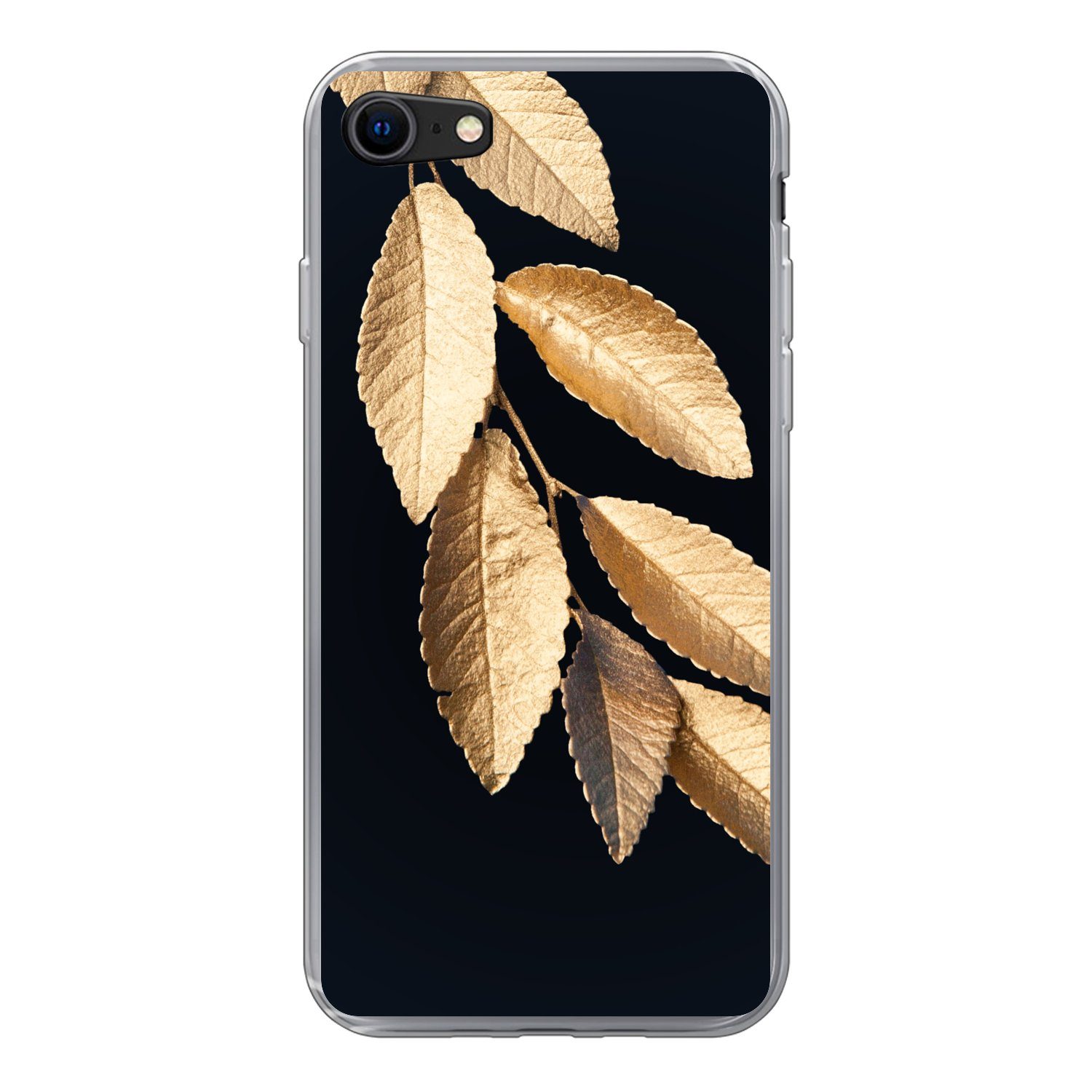 MuchoWow Handyhülle für Apple iPhone 8 Blätter - Schwarz - Gold - Luxus - Pflanzen, Smartphone-Bumper, Print, Handy Schutzhülle Dünn