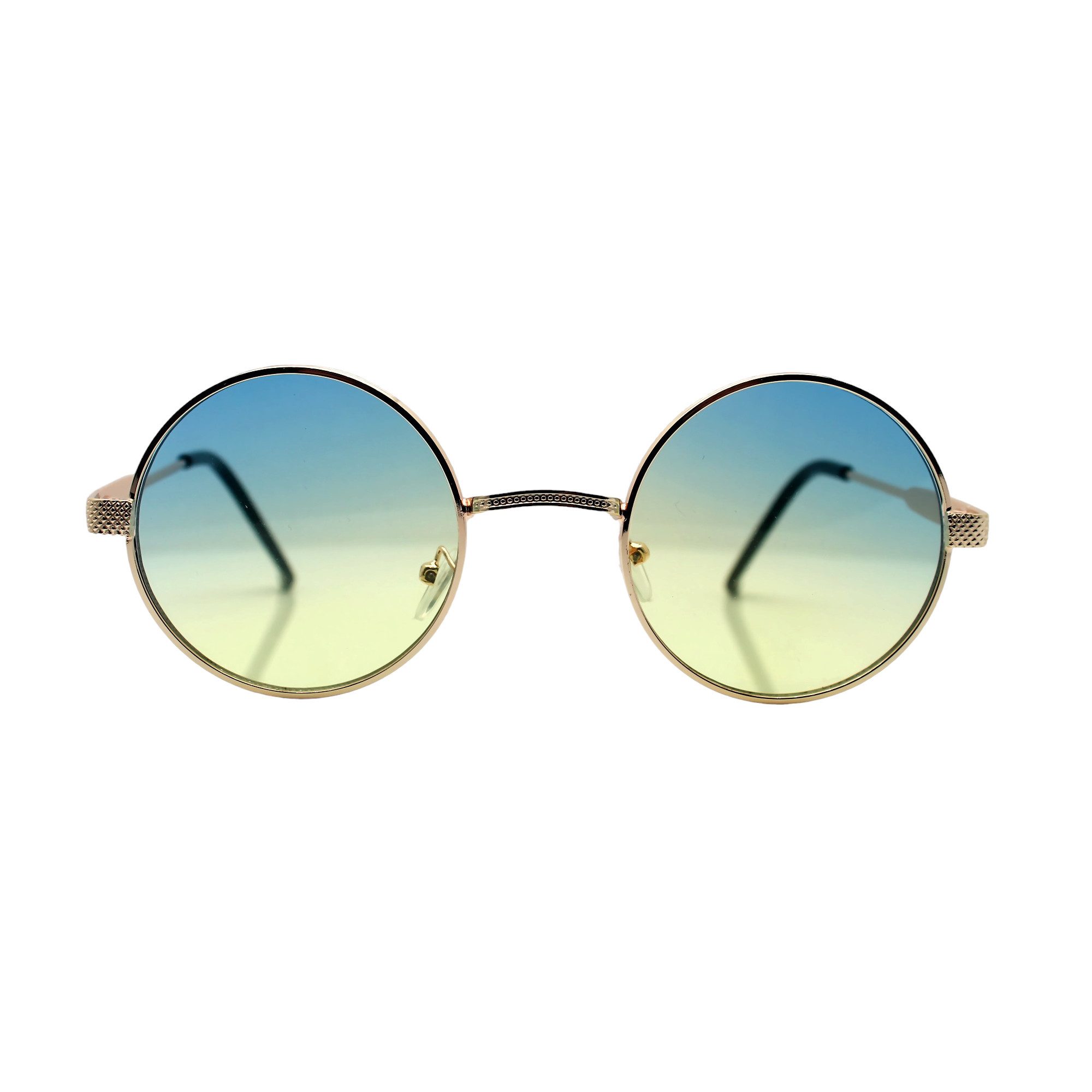 Vaccari-design Sonnenbrille (1x Runde Hippie Festival Brille mit Brillenbeutel) Nickelbrille in Gold mit Blau Gelb Verlaufsgetönten Gläsern