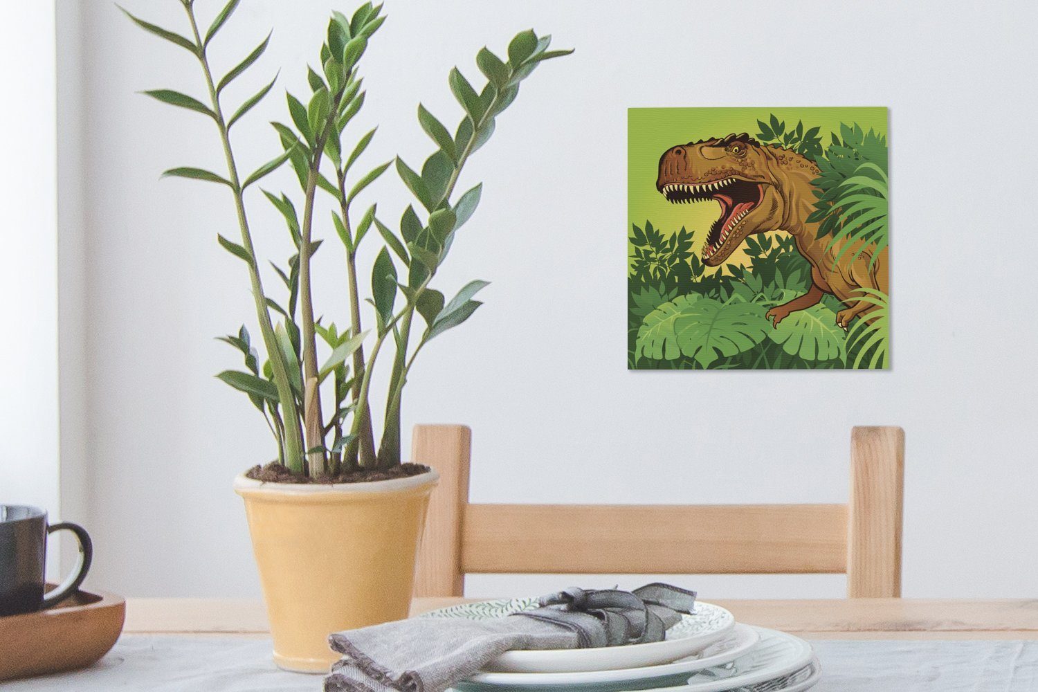 Schlafzimmer Braun - St), - (1 Kinder OneMillionCanvasses® - Baby - - Bilder Illustration Leinwandbild - Leinwand Pflanzen für Junge, Wohnzimmer Dinosaurier
