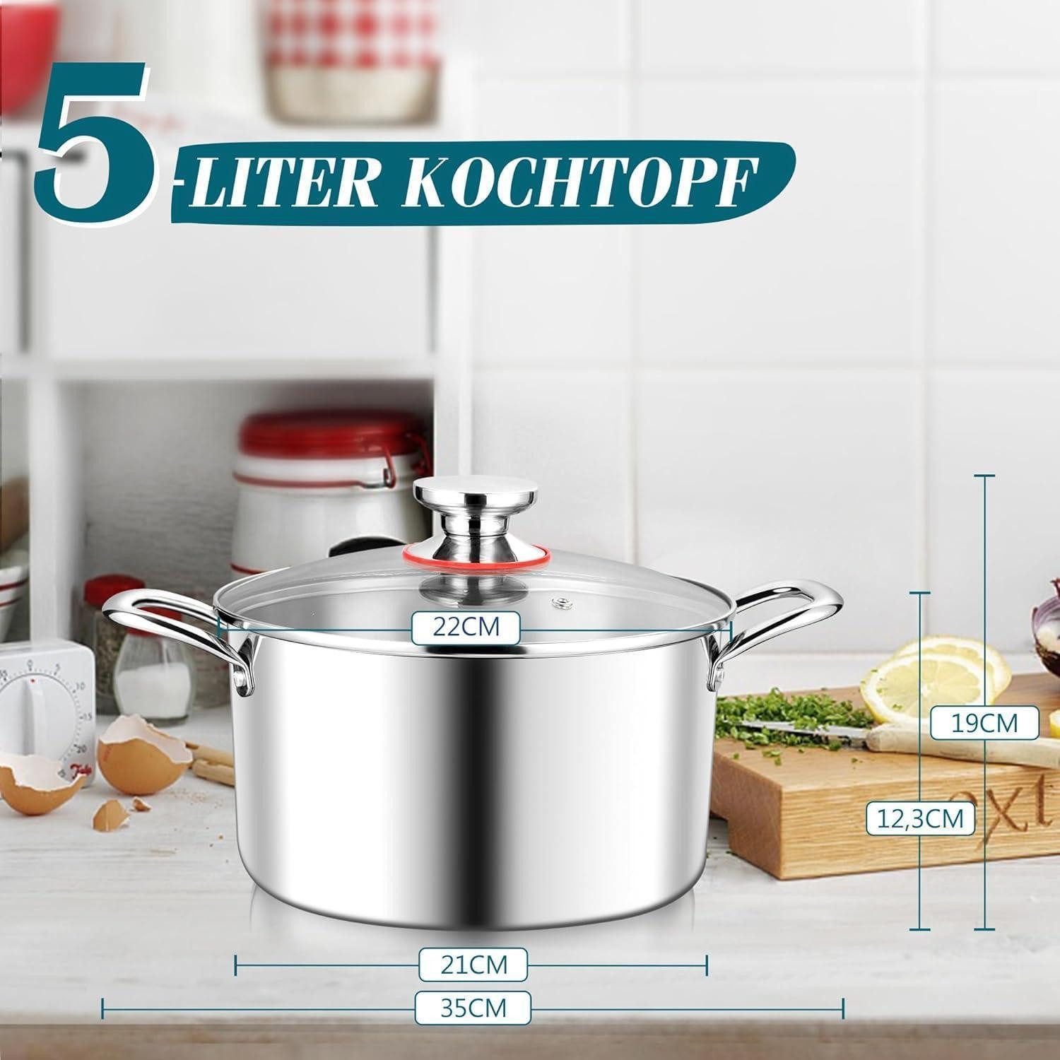 LuxusKollektion Spaghettitopf Kochtopf 22cm Premium 3-Lagiger Edelstahl Nudeltopf mit Glasdeckel 5L