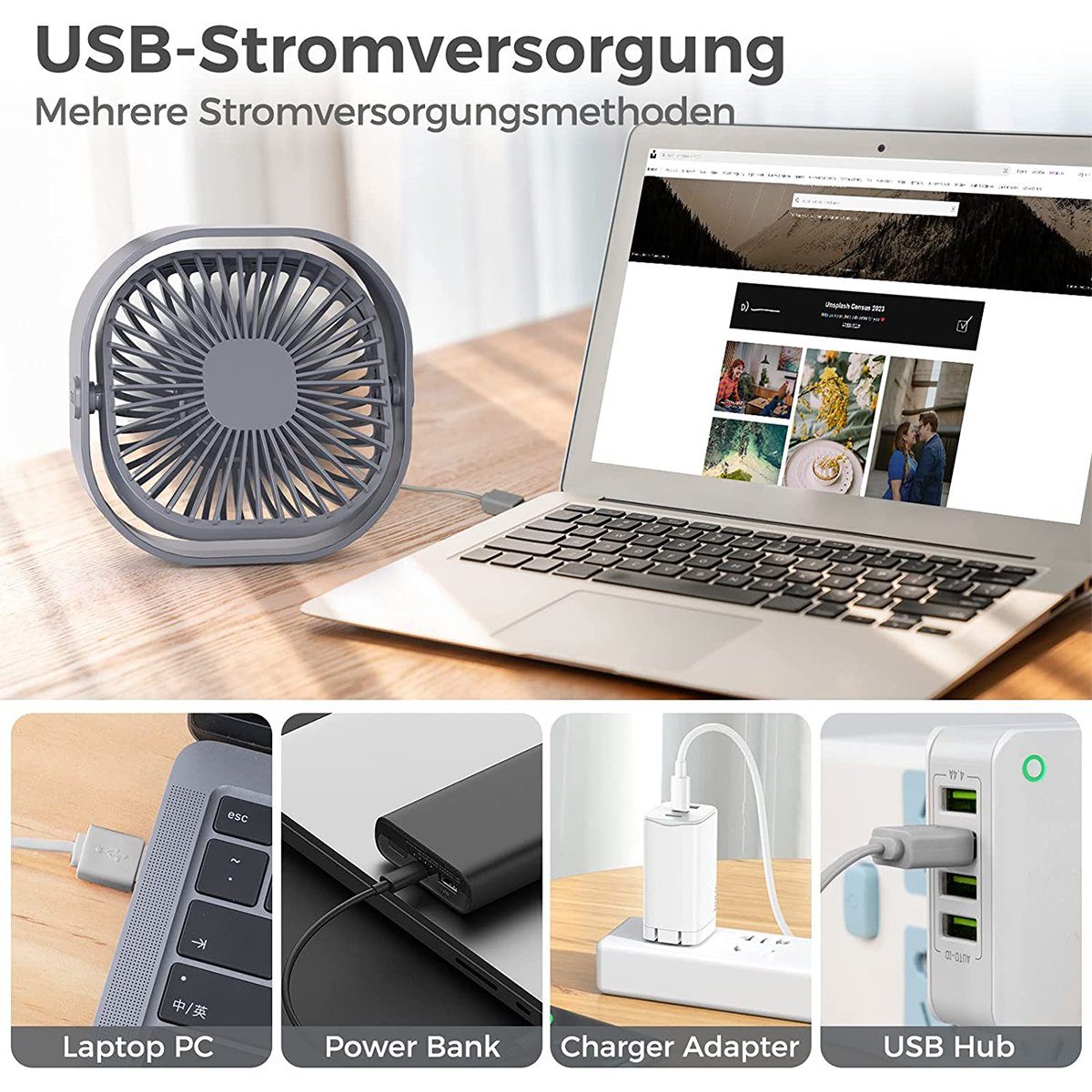 autolock starkem Luftstrom,Desk Leise Mini Drehung Lüfter USB 3 Speed, USB Mini Fan 360° USB Dunkelgrau USB-Ventilator Tischventilator Tragbarer Ventilator