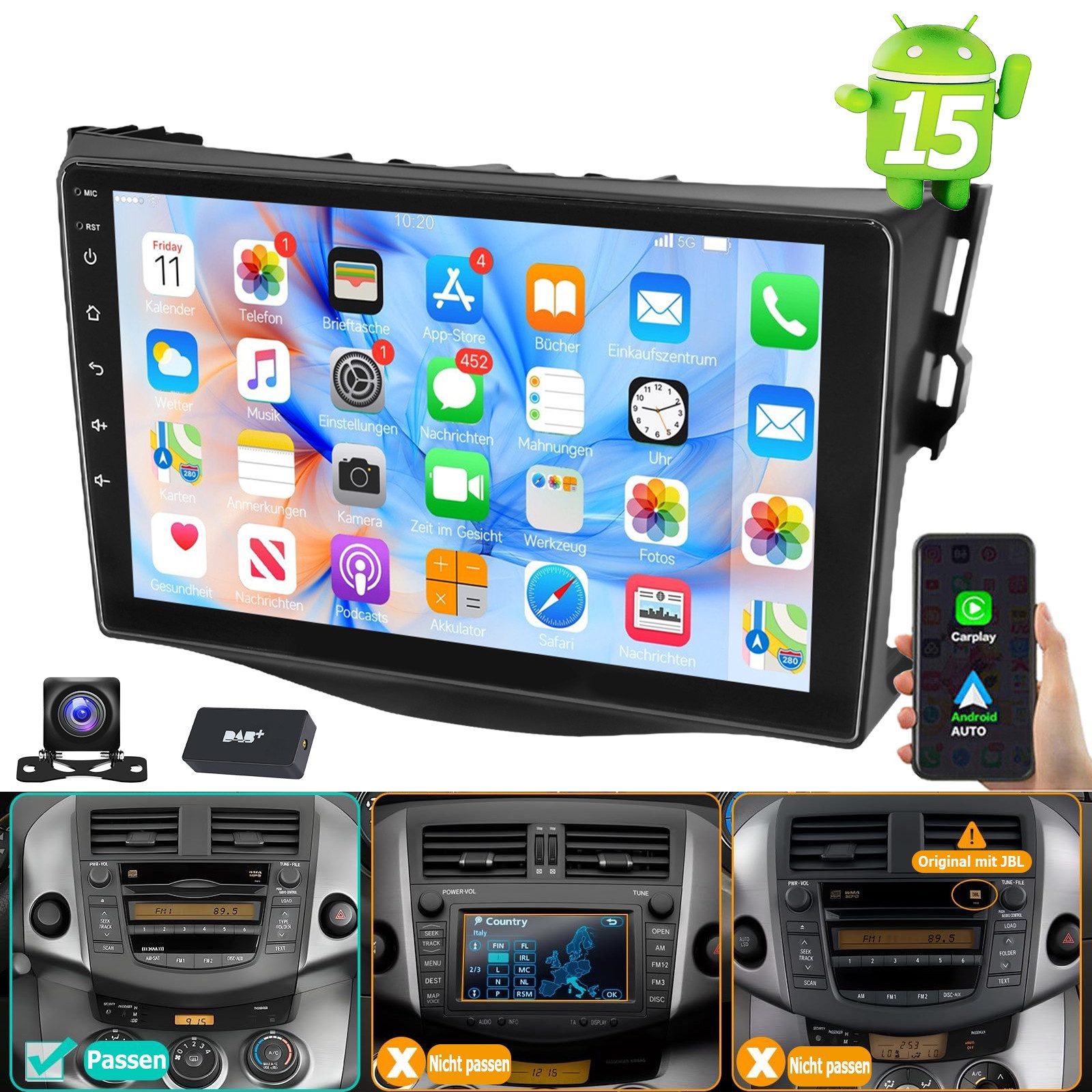 DAB+ 9" Android 15 Autoradio Für Toyota RAV4 2007-2012 Apple Carplay Autoradio