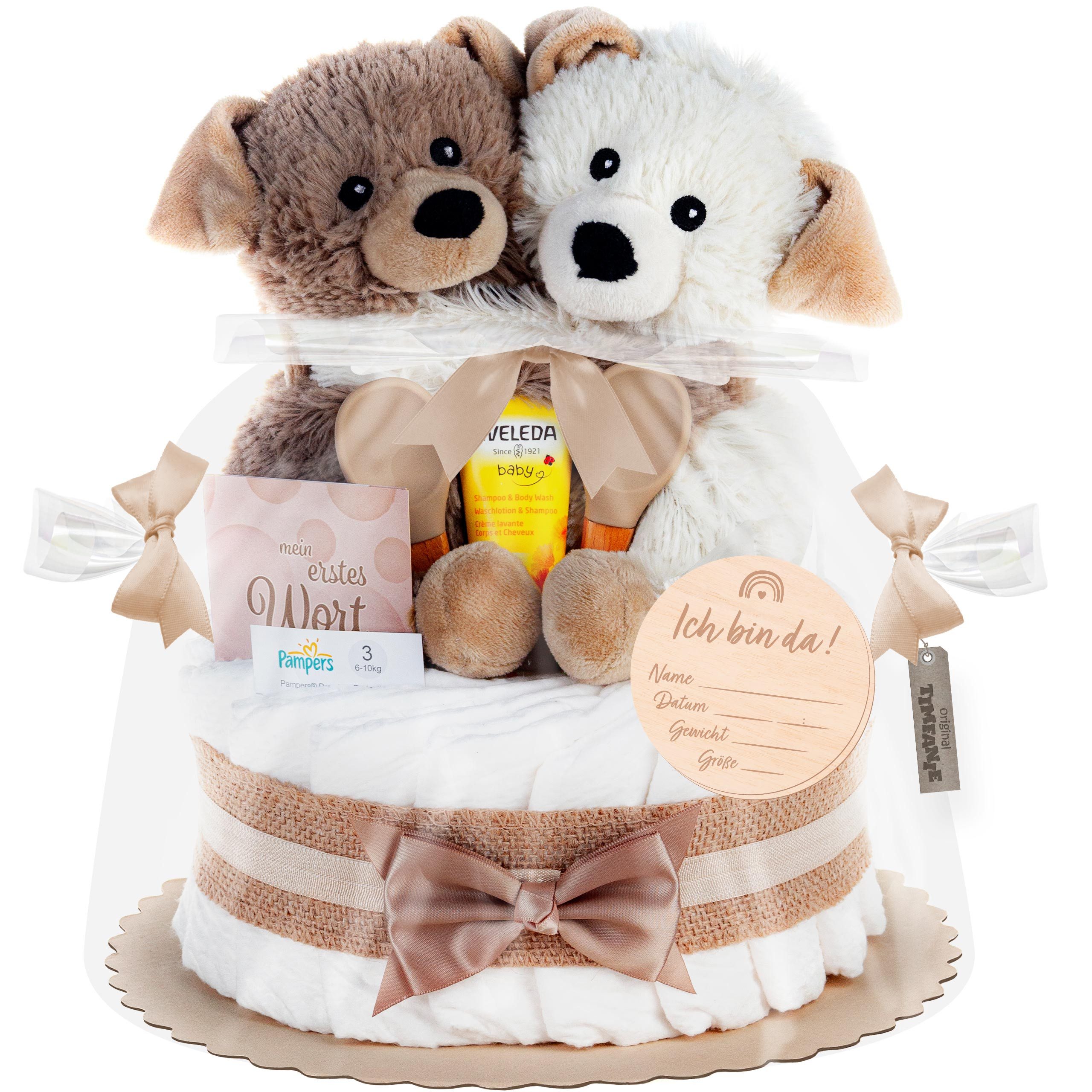 Timfanie Windeln Windeltorte, mit Warmies® Hunde Zwillinge, 0-8 Monate (Handgefertigtes Geschenk - In Folie gehüllt, mit Schleifen verziert, 28-St., 20x Pampers Premium, 1 Marken-Kuscheltier, wertige Accessoires), Das Perfekte Geschenk zur Geburt oder Babyparty.