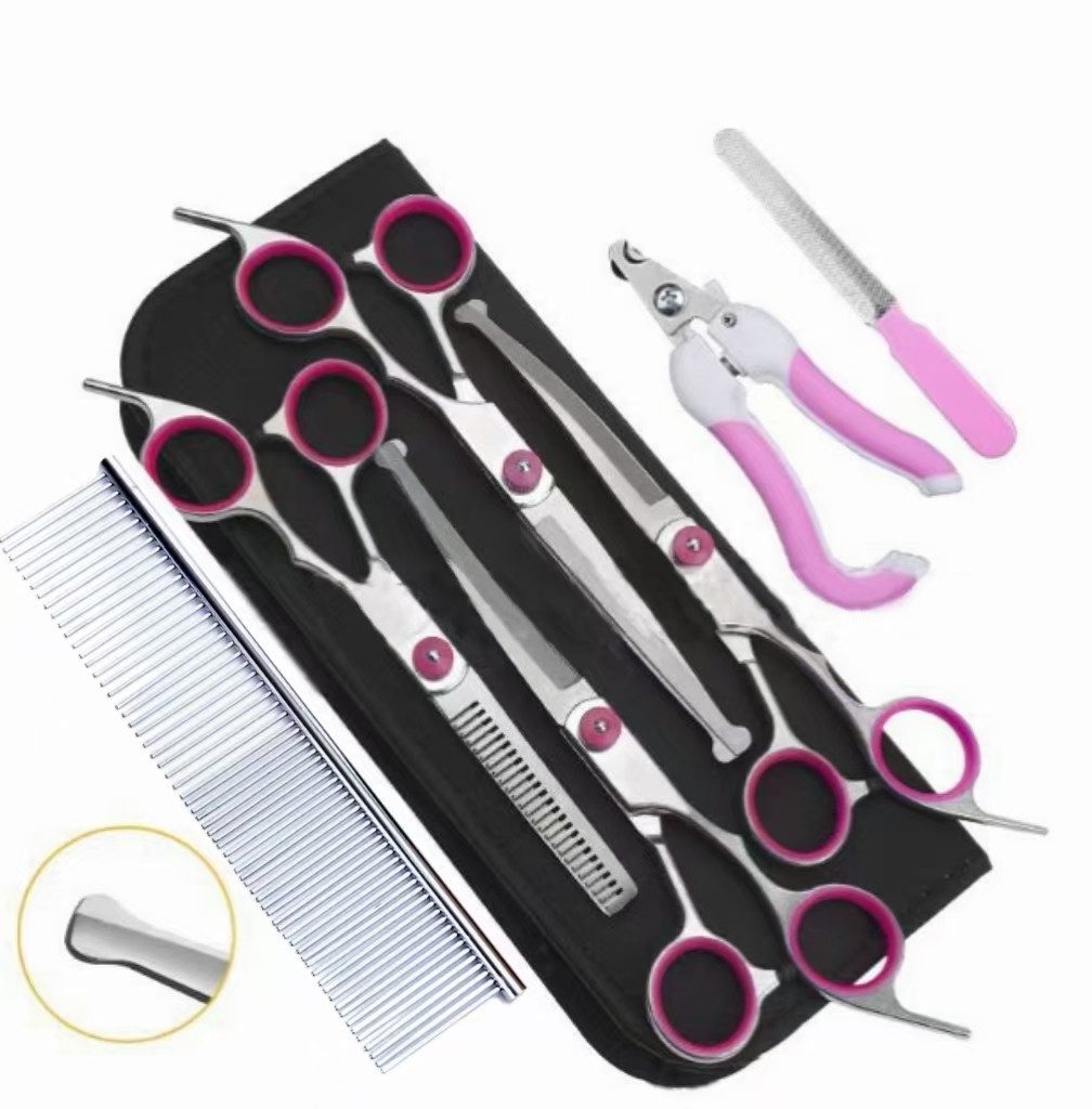 Beaface Tierhaarentferner Tierhaarbürste, Edelstahl Haustierschere, Nagelknipser 8-teiliges Set, Besonders geeignet zum Schneiden von Haaren im Gesicht, an den Ohren, Augen und der Nase von Haustieren., (Haustierpflege-Schneideset mit Sicherheitsrundspitzen), Mit rundem Kopfdesign, um versehentliche Verletzungen zu vermeiden
