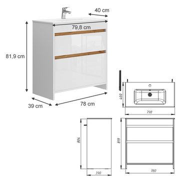 Vicco Badmöbel-Set Waschtisch mit Waschbecken DETMOLD Weiß/Goldkraft-Eiche, (2-St., 2-er Set)