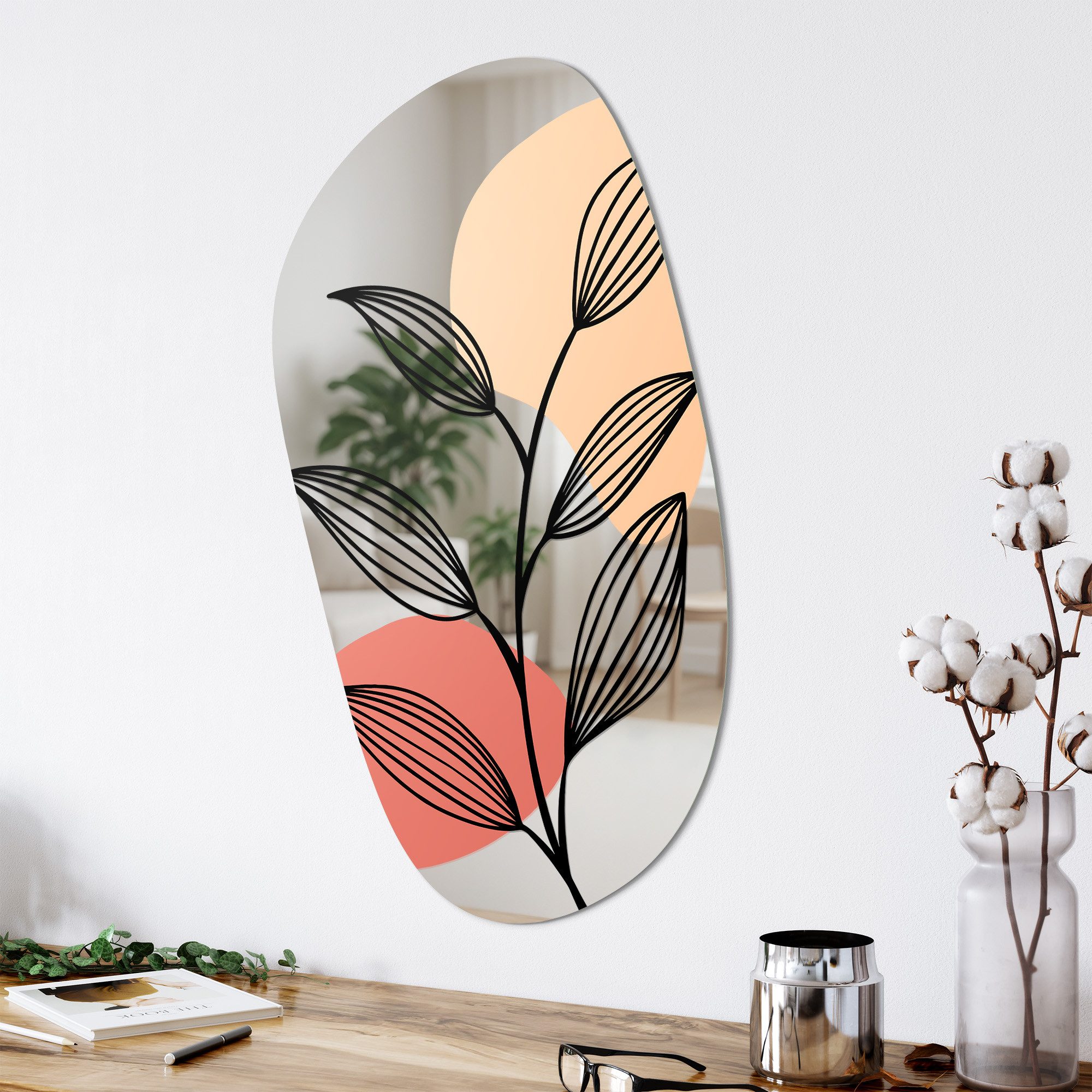 DEQORI Wandspiegel 'Blatt in Balance', Spiegel organisch geformt selbstklebend Wand Wohnzimmer Flur groß XXL