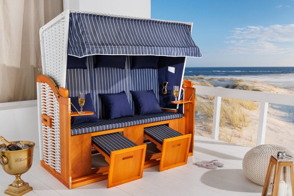 riess-ambiente Strandkorb OSTSEE 150cm blau / weiß, BxTxH: 150x72x149 cm,  Volllieger, Ostsee-Modell, (Einzelartikel, 1-tlg), XXL · 3-Sitzer · Garten  · Liegestuhl · Outdoor