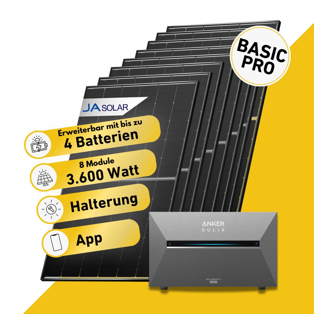 Balkonstrom Balkonkraftwerk BASIC Pro 3600 Watt Solaranlage mit Speicher Komplettset Bifazial, 3600 W, Monokristallin, (8x JA Solarmodul á 450 Watt, 1x Anker Solix 3 Pro Solarspeicher E2700, 1-4 Zusatzspeicher BP2700), Halterung für Dach, Fassade, Balkon & Garten, App & Plug&Play DE