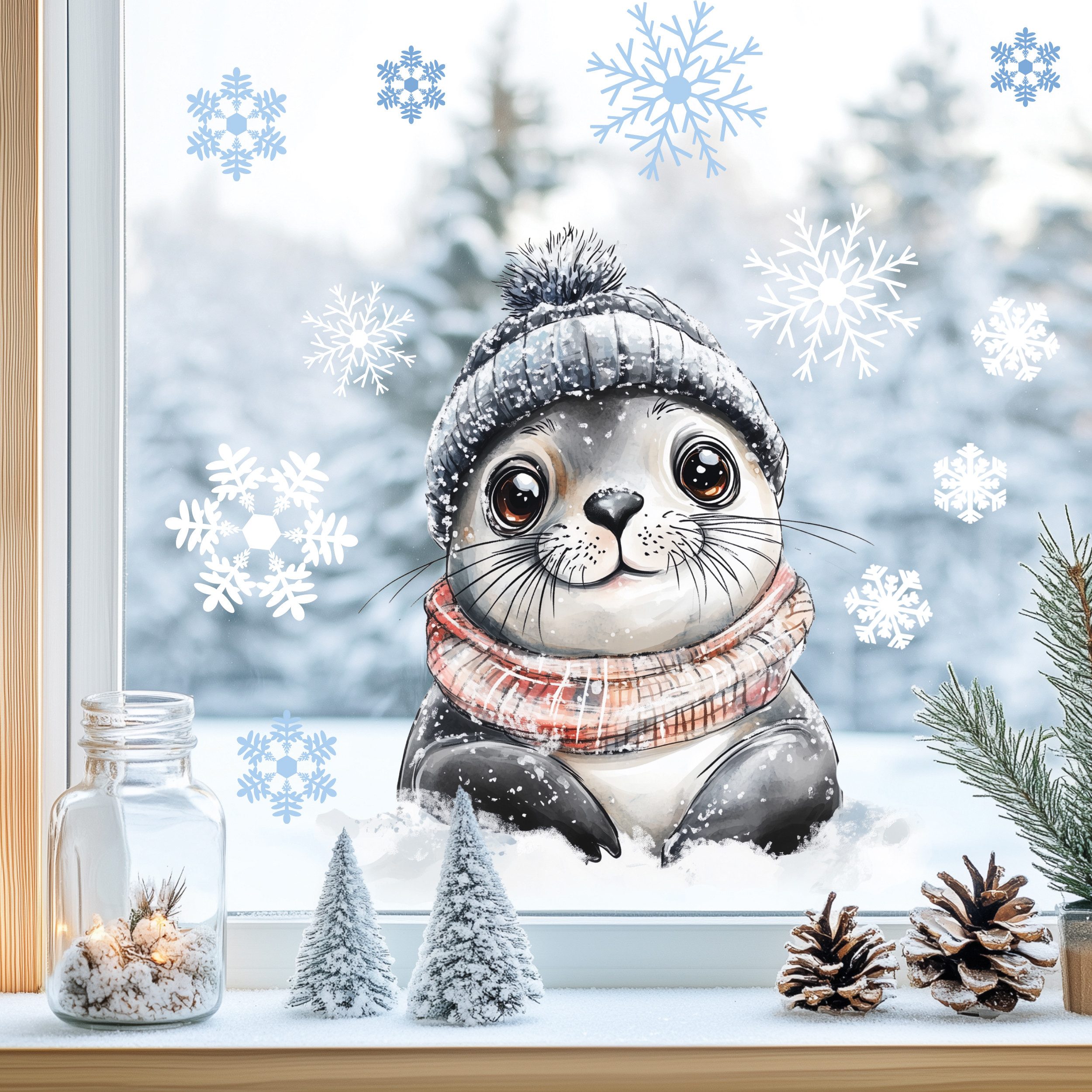 Sunnywall Fensterdekoration wiederverwendbares Fensterbild Winter Robbe, günstig online kaufen