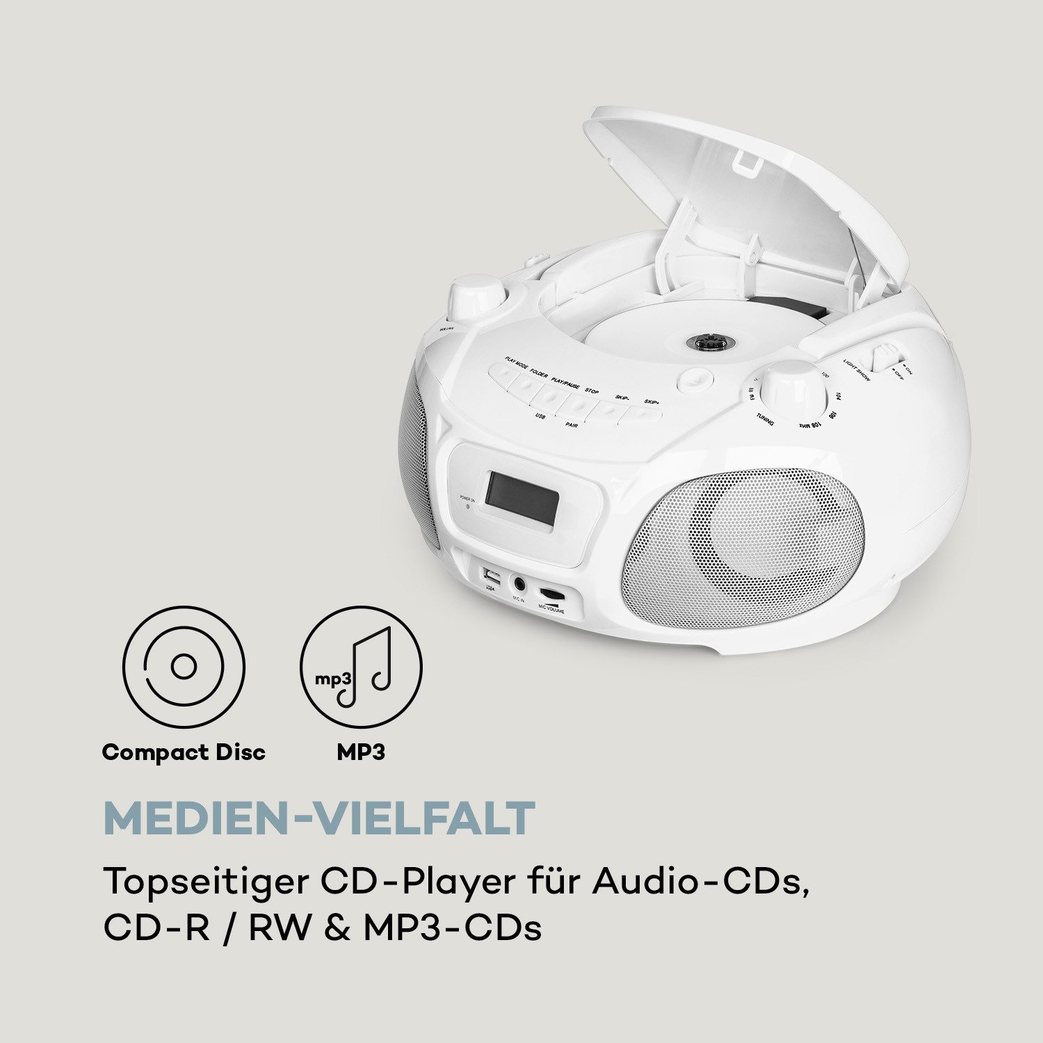 Auna Roadie Sing CD Boombox Stereoanlage (FM-Radio, Kinder CD Player tragbar Musikbox Bluetooth CD Spieler Radio Soundbox)