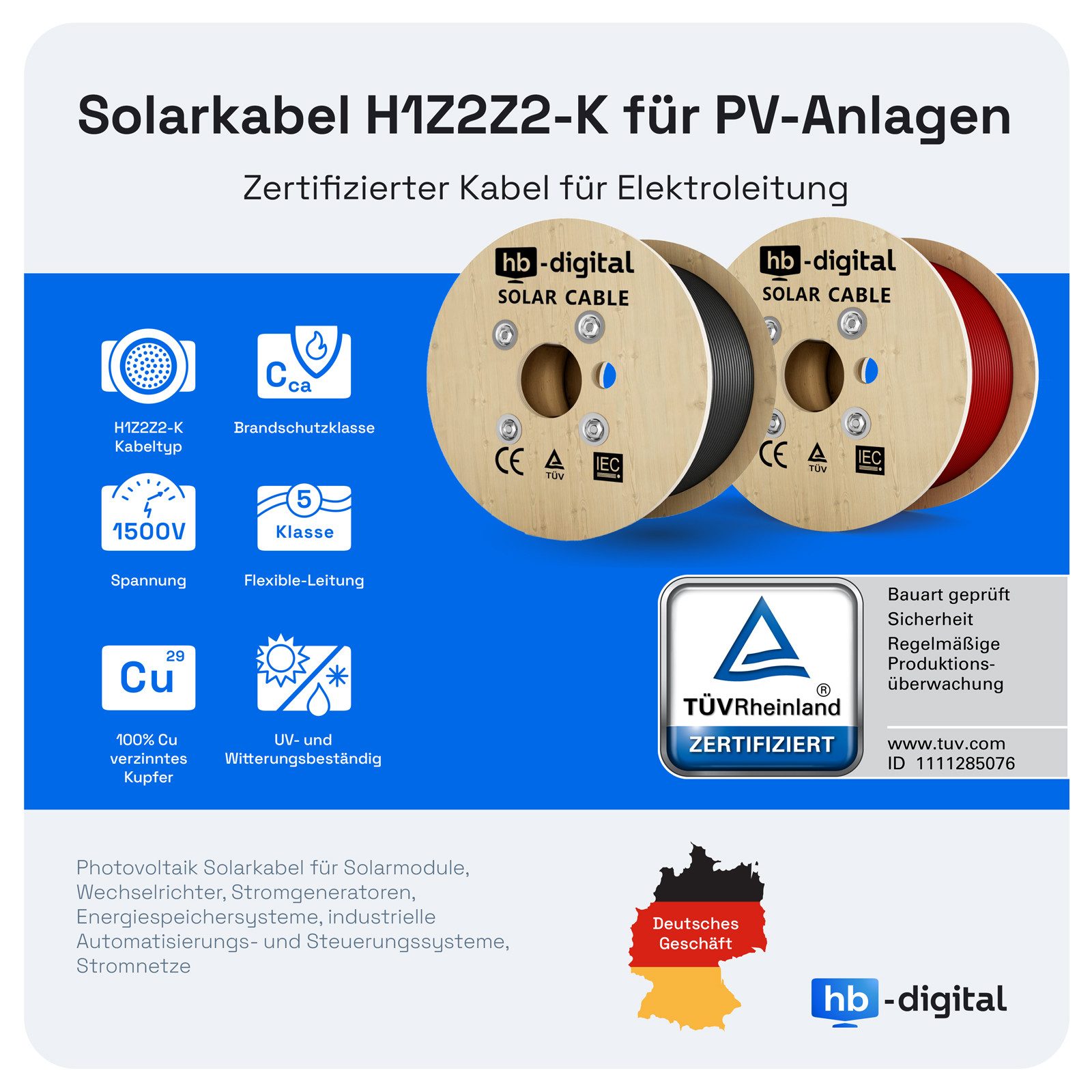 HB-DIGITAL Paar Solar Verlängerungskabel mit Stecker Solarleitung rot / schwarz Solarkabel, Solarstecker, (100 cm), TÜV Rheinland zertifizierte PV Kabel 4mm2 für Solaranlagen