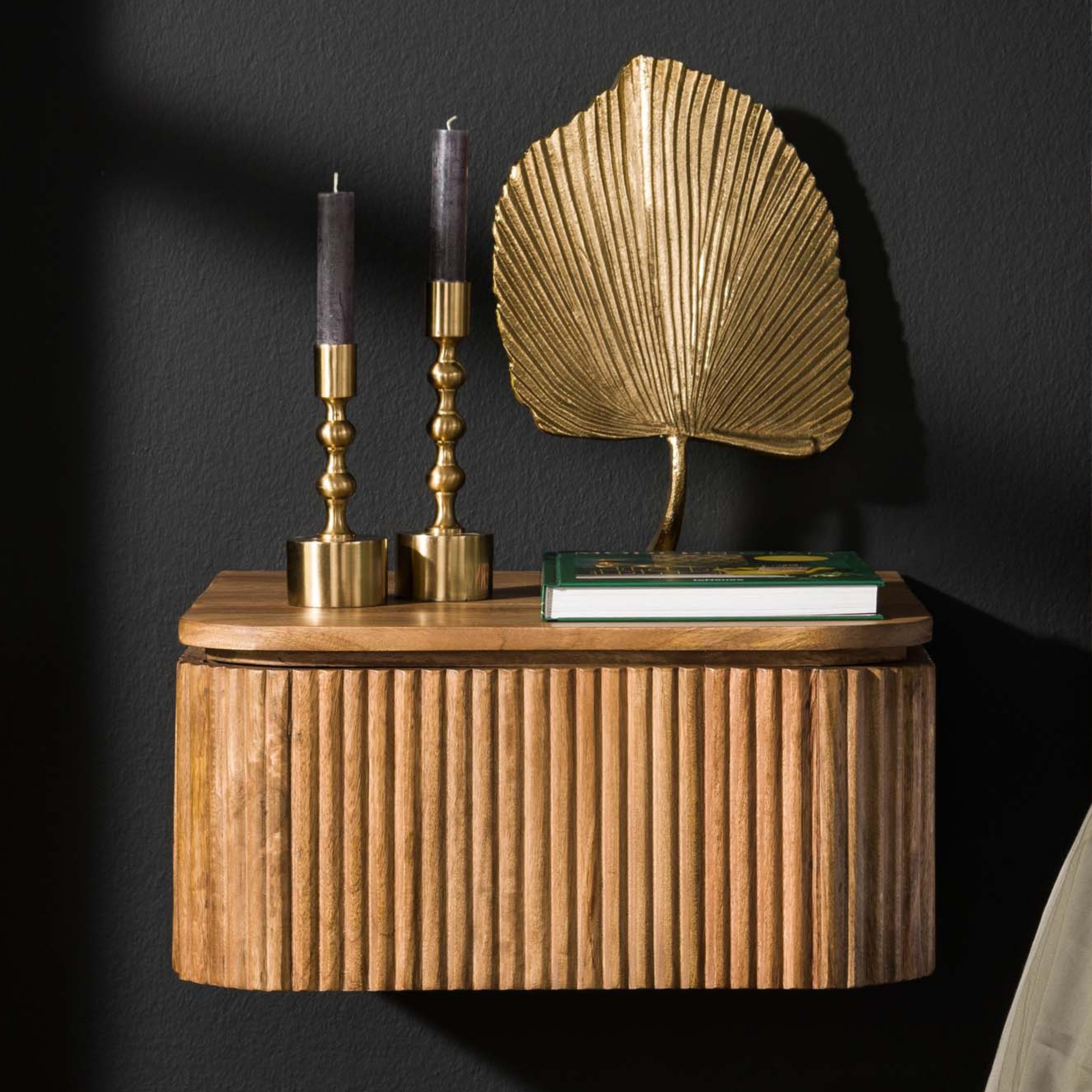 alesvelt Nachttisch WAVE AERO Große schwebende Nachtkonsole aus Mangoholz (1-Tisch), 45x40x21cm, Rillen-Optik