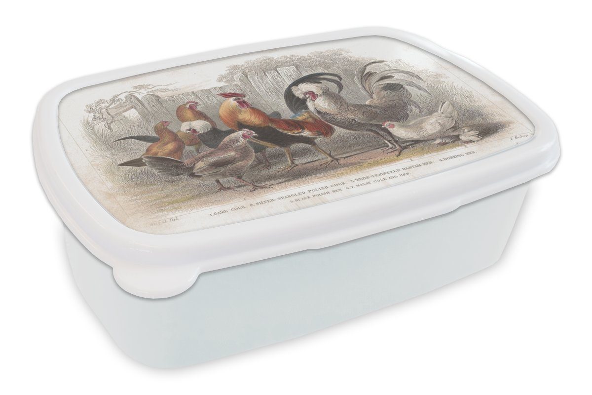 MuchoWow Lunchbox Illustration eines Hahns und von Hühnern auf einem Bauernhof, Kunststoff, (2-tlg), Brotbox für Kinder und Erwachsene, Brotdose, für Jungs und Mädchen weiß
