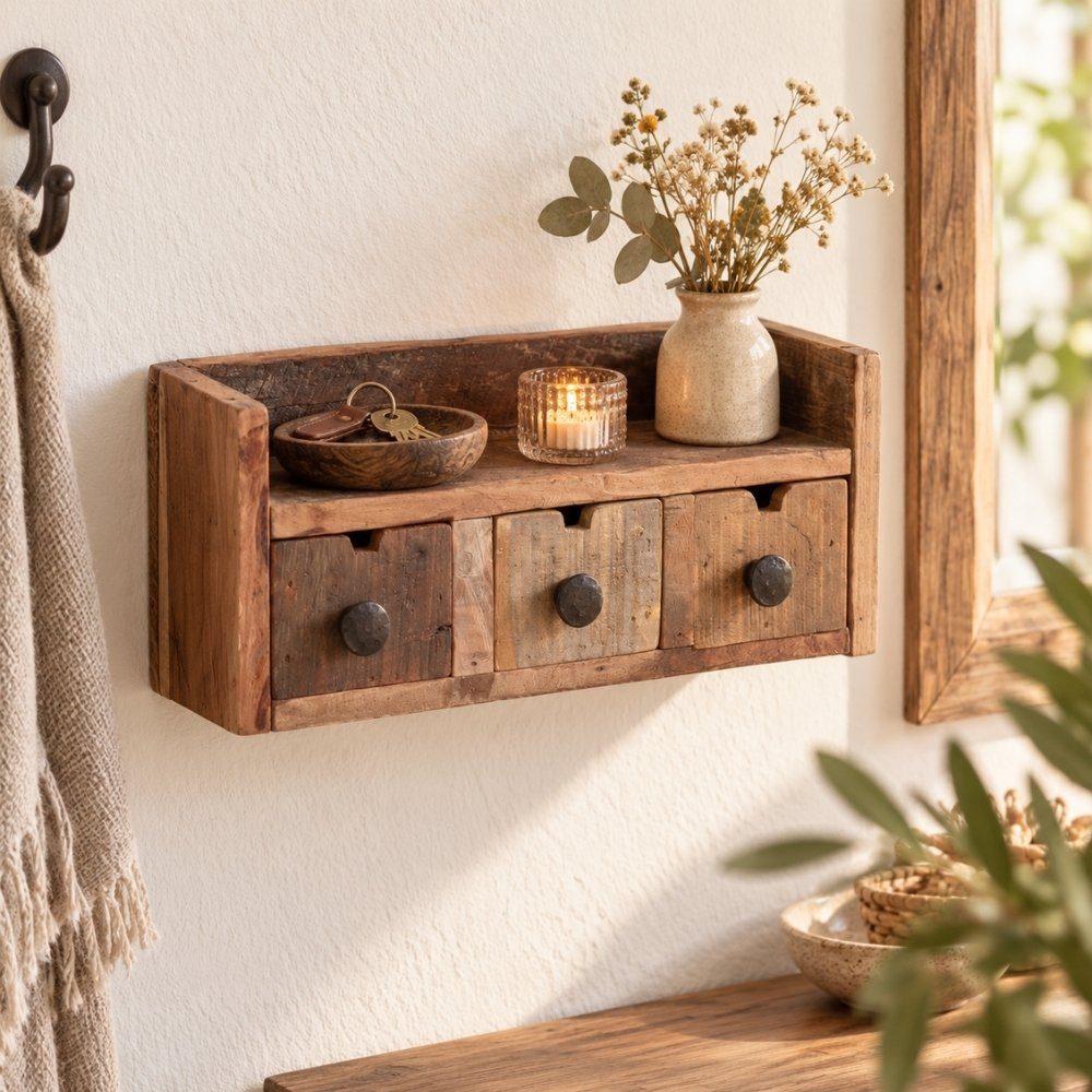 LebensWohnArt Regal Altholz-Regal DARA 35cm 3 Schubladen Unikat Recyceltes Holz – Bild 3 von 5
