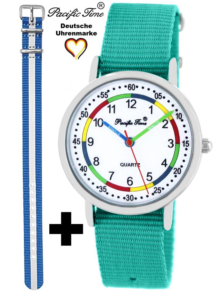 Pacific Time - Kinder First Mix Gratis Lernuhr Wechselarmband, Versand Armbanduhr Set Design Quarzuhr Reflektor und türkis Match und blau