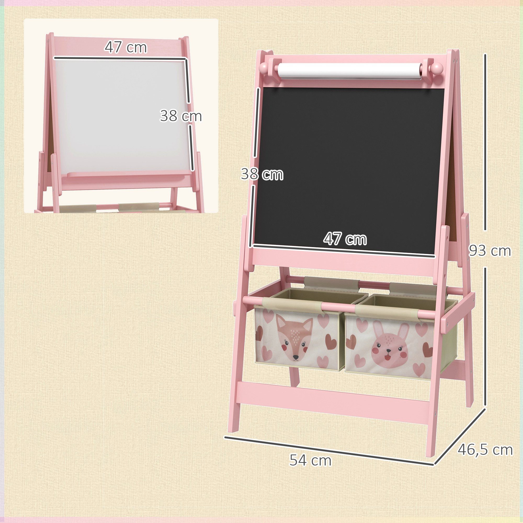 AIYAPLAY Tafel Staffelei Kindertafel Whiteboard mit Papierrolle inkl. Zubehör, (Standtafel, 1-tlg., Kinder Spieltafel), Rosa 54 x 46,5 x 93 cm – Bild 3 von 5