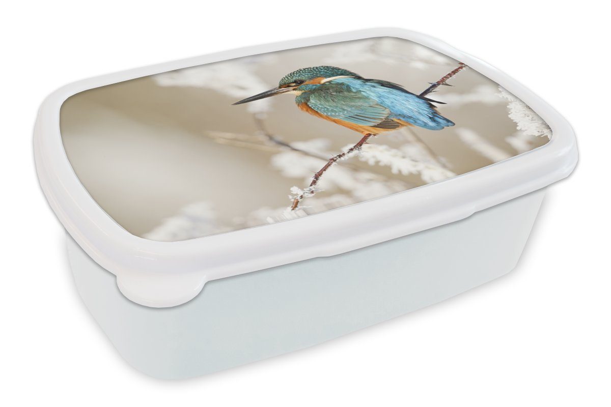 MuchoWow Lunchbox Eisvogel - Schnee - Äste, Kunststoff, (2-tlg), Brotbox für Kinder und Erwachsene, Brotdose, für Jungs und Mädchen weiß