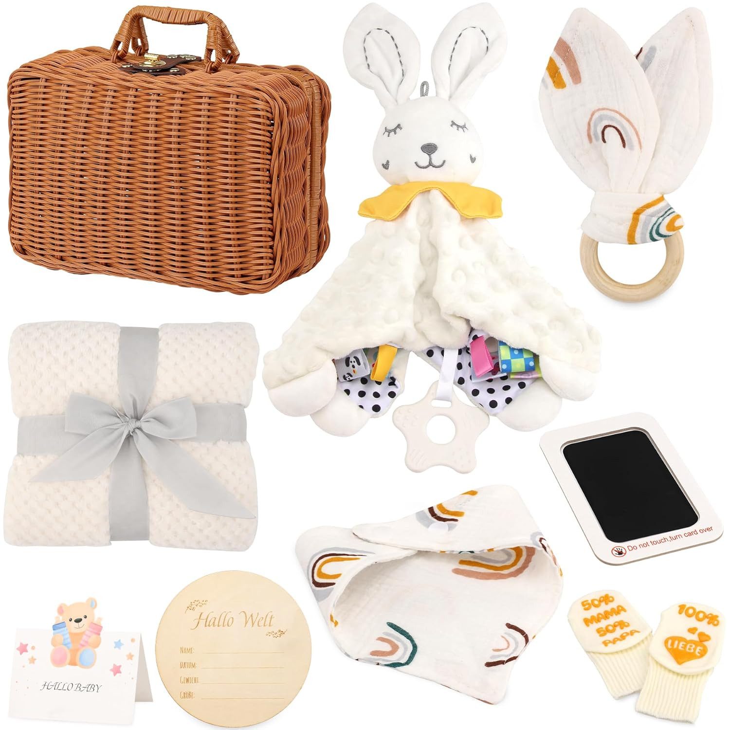 Neugeborenen-Geschenkset Baby Geschenkset mit Geschenkkorb, Decke, Lätzchen, Beruhigungstuch